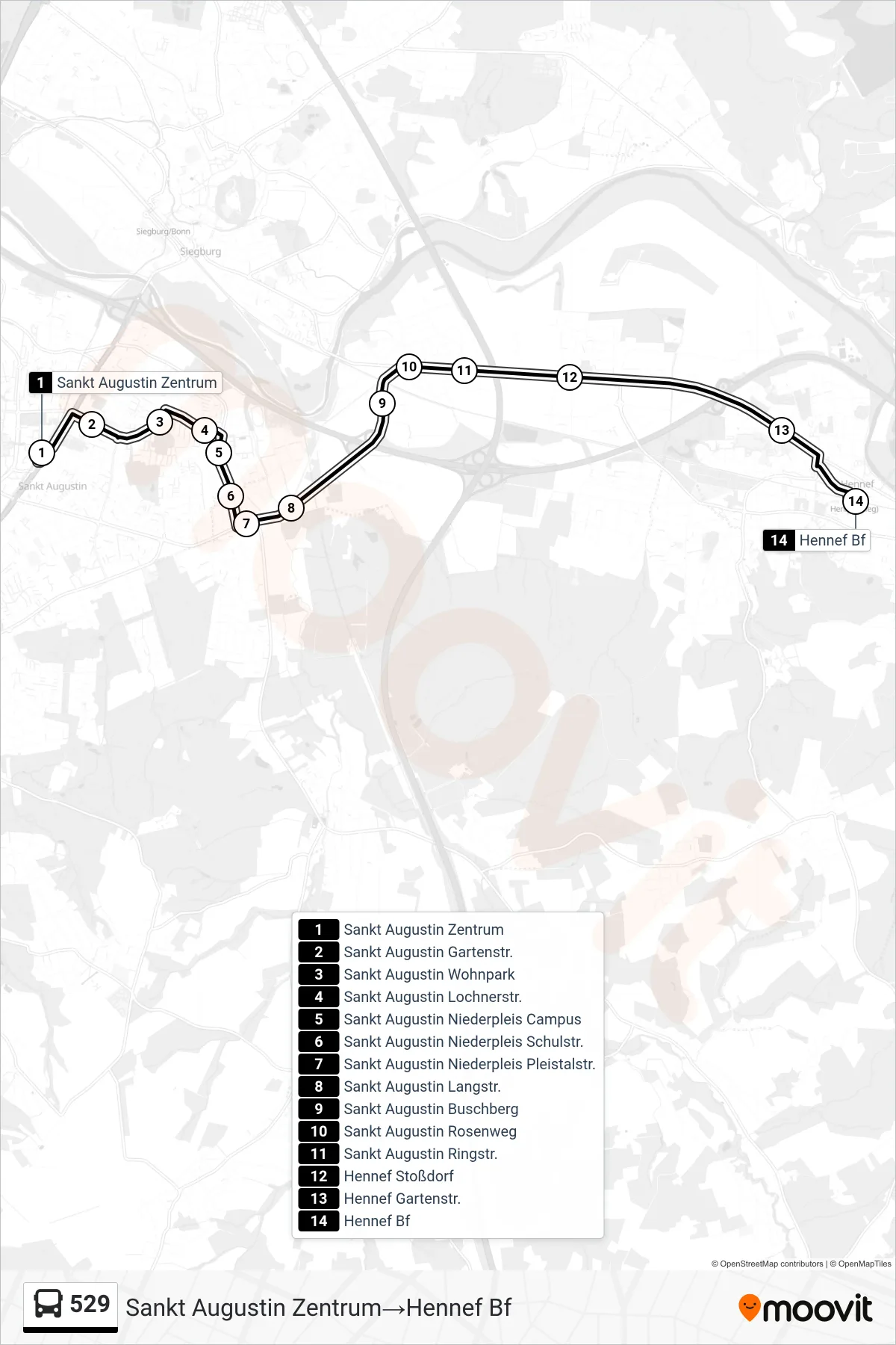 Linie 529 (Bus) Richtung Sankt Augustin Zentrum→Hennef Bf: Route und Haltestellen auf der Karte