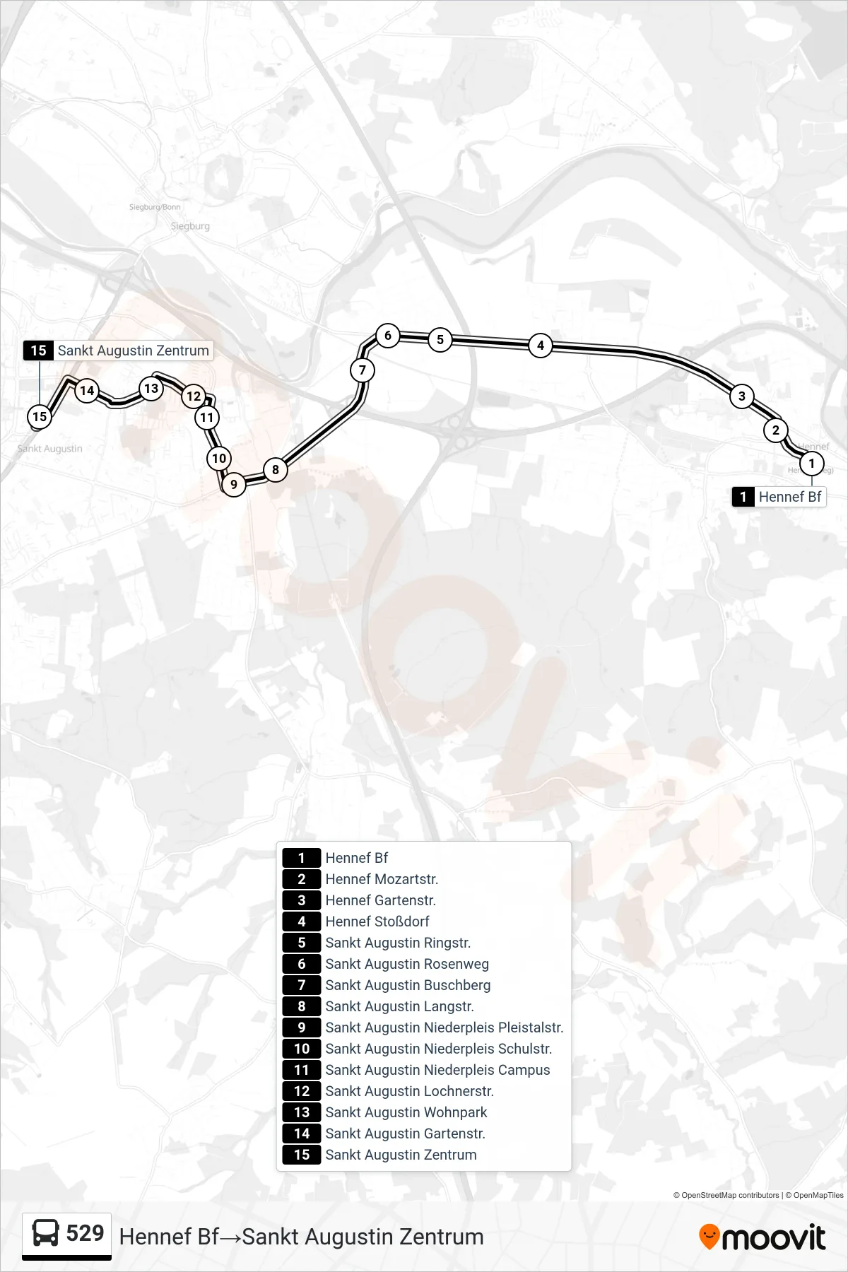 Linie 529 (Bus) Richtung Hennef Bf→Sankt Augustin Zentrum: Route und Haltestellen auf der Karte