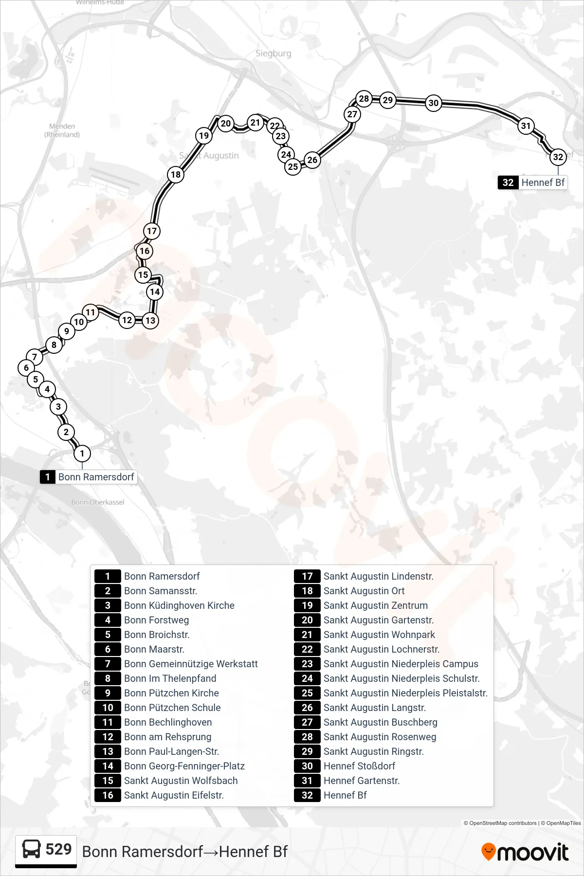 Linie 529 (Bus) Richtung Bonn Ramersdorf→Hennef Bf: Route und Haltestellen auf der Karte