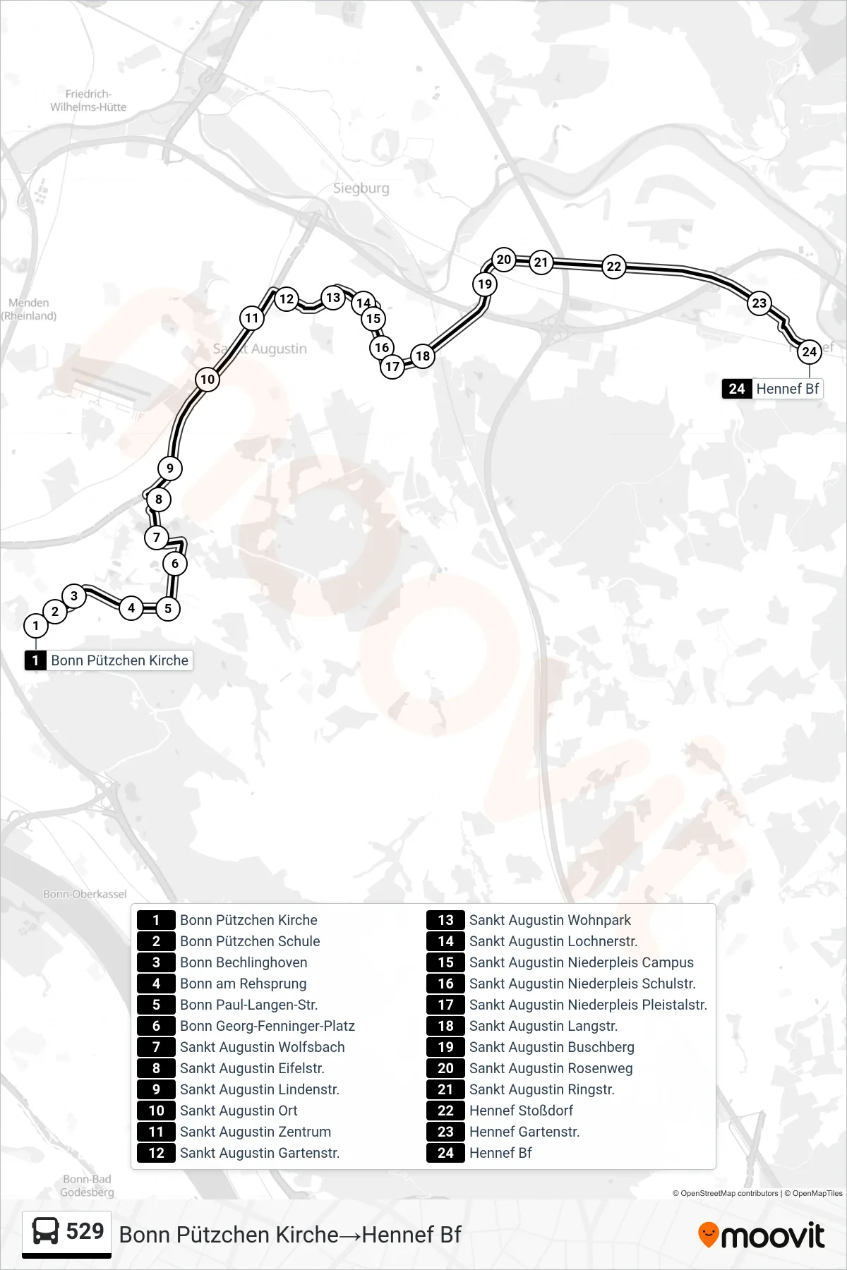 Linie 529 (Bus) Richtung Bonn Pützchen Kirche→Hennef Bf: Route und Haltestellen auf der Karte