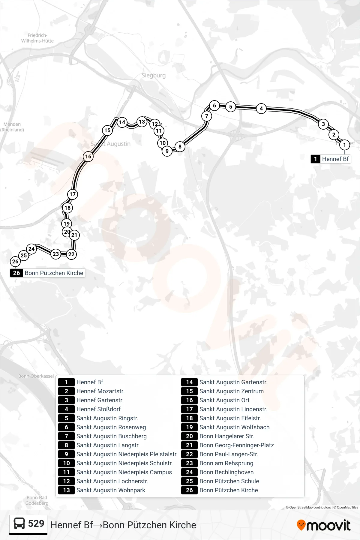 Linie 529 (Bus) Richtung Hennef Bf→Bonn Pützchen Kirche: Route und Haltestellen auf der Karte