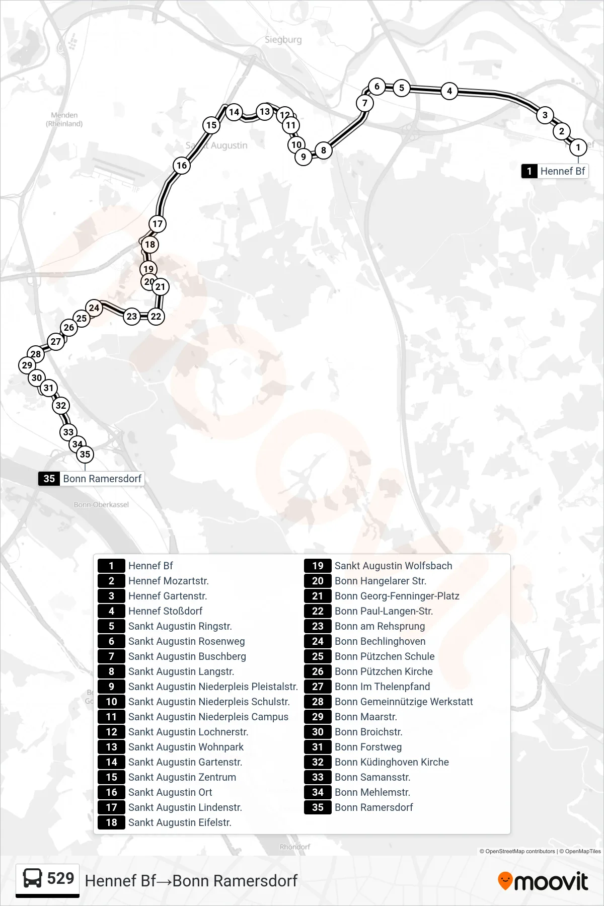 Linie 529 (Bus) Richtung Hennef Bf→Bonn Ramersdorf: Route und Haltestellen auf der Karte