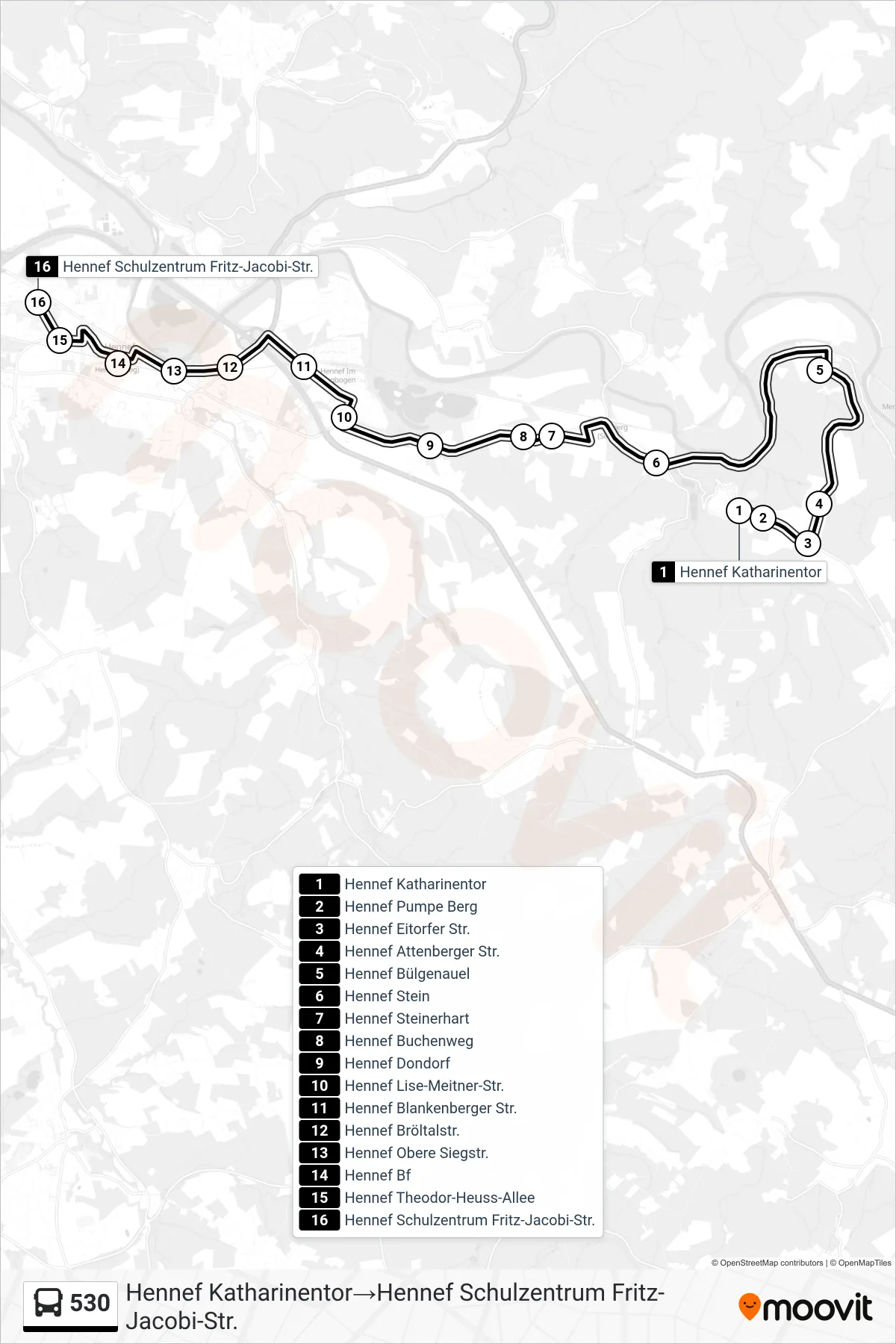 Linie 530 (Bus) Richtung Hennef Katharinentor‎→Hennef Schulzentrum Fritz-Jacobi-Str.: Route und Haltestellen auf der Karte