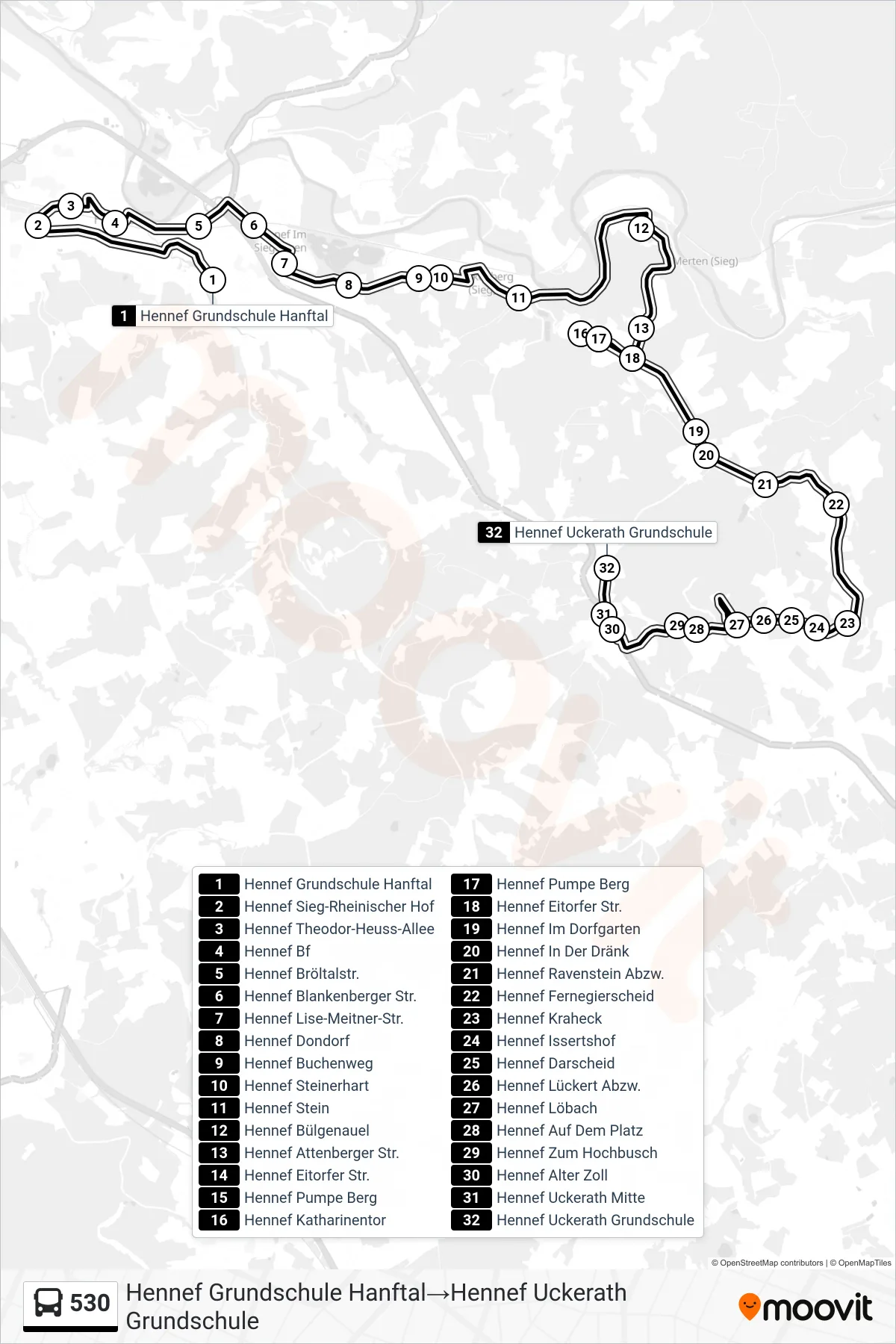Linie 530 (Bus) Richtung Hennef Grundschule Hanftal→Hennef Uckerath Grundschule: Route und Haltestellen auf der Karte
