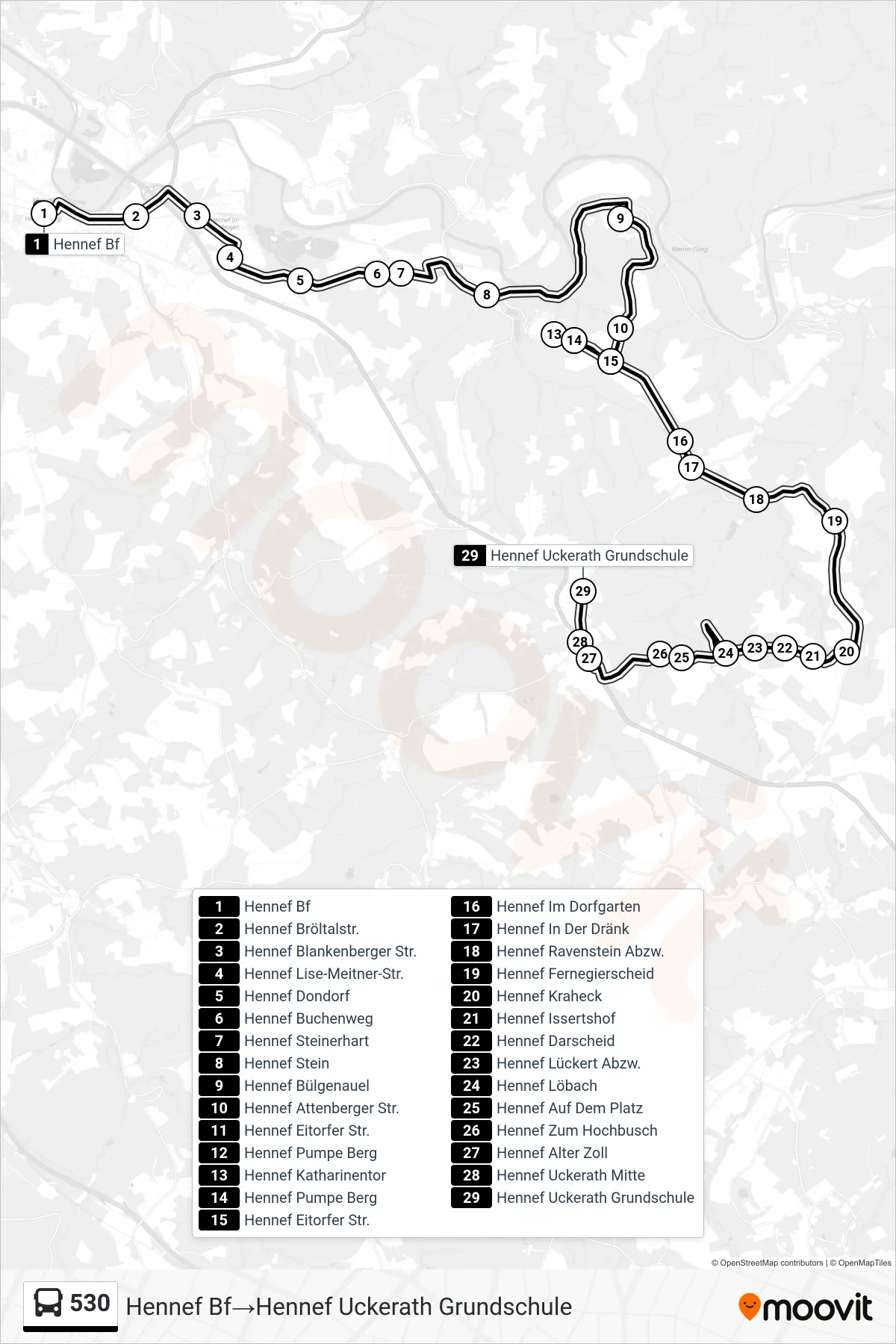 Linie 530 (Bus) Richtung Hennef Bf→Hennef Uckerath Grundschule: Route und Haltestellen auf der Karte