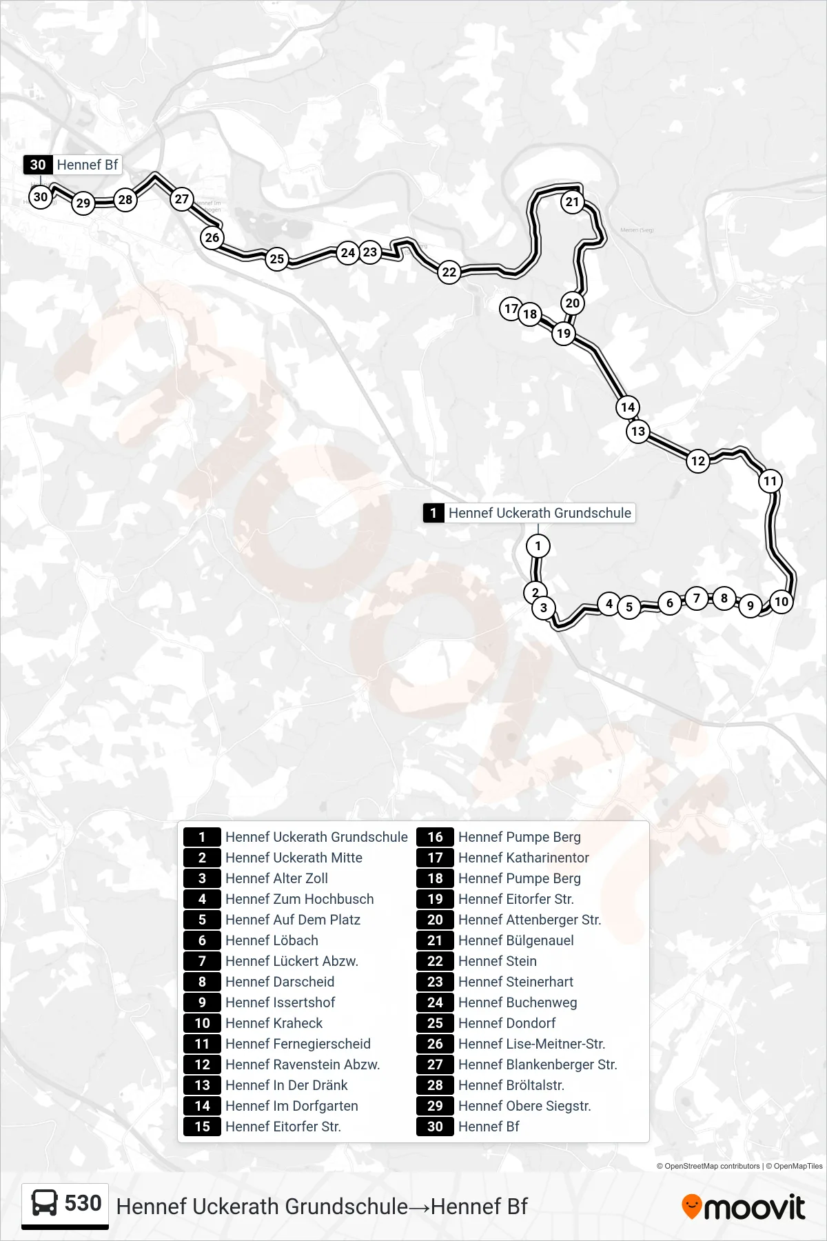Linie 530 (Bus) Richtung Hennef Uckerath Grundschule‎→Hennef Bf: Route und Haltestellen auf der Karte