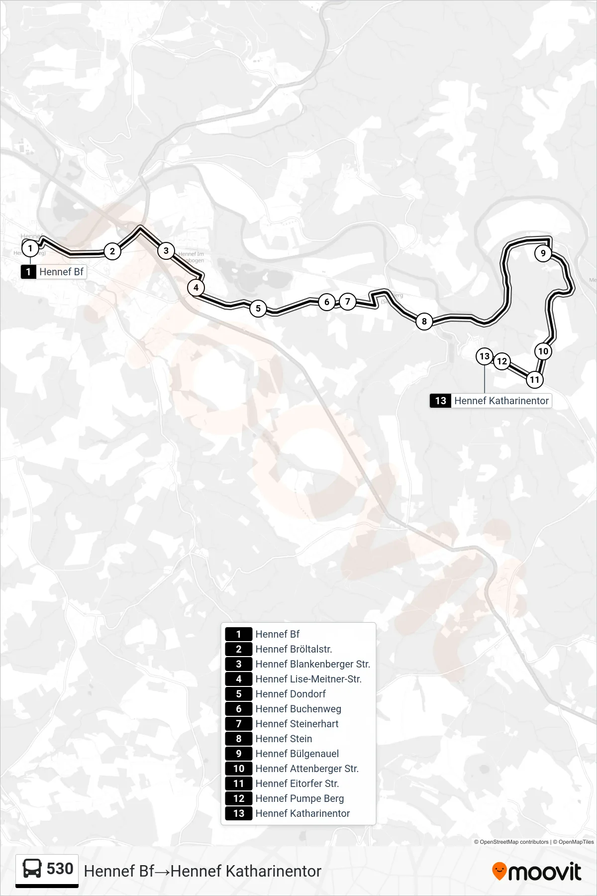 Linie 530 (Bus) Richtung Hennef Bf‎→Hennef Katharinentor: Route und Haltestellen auf der Karte