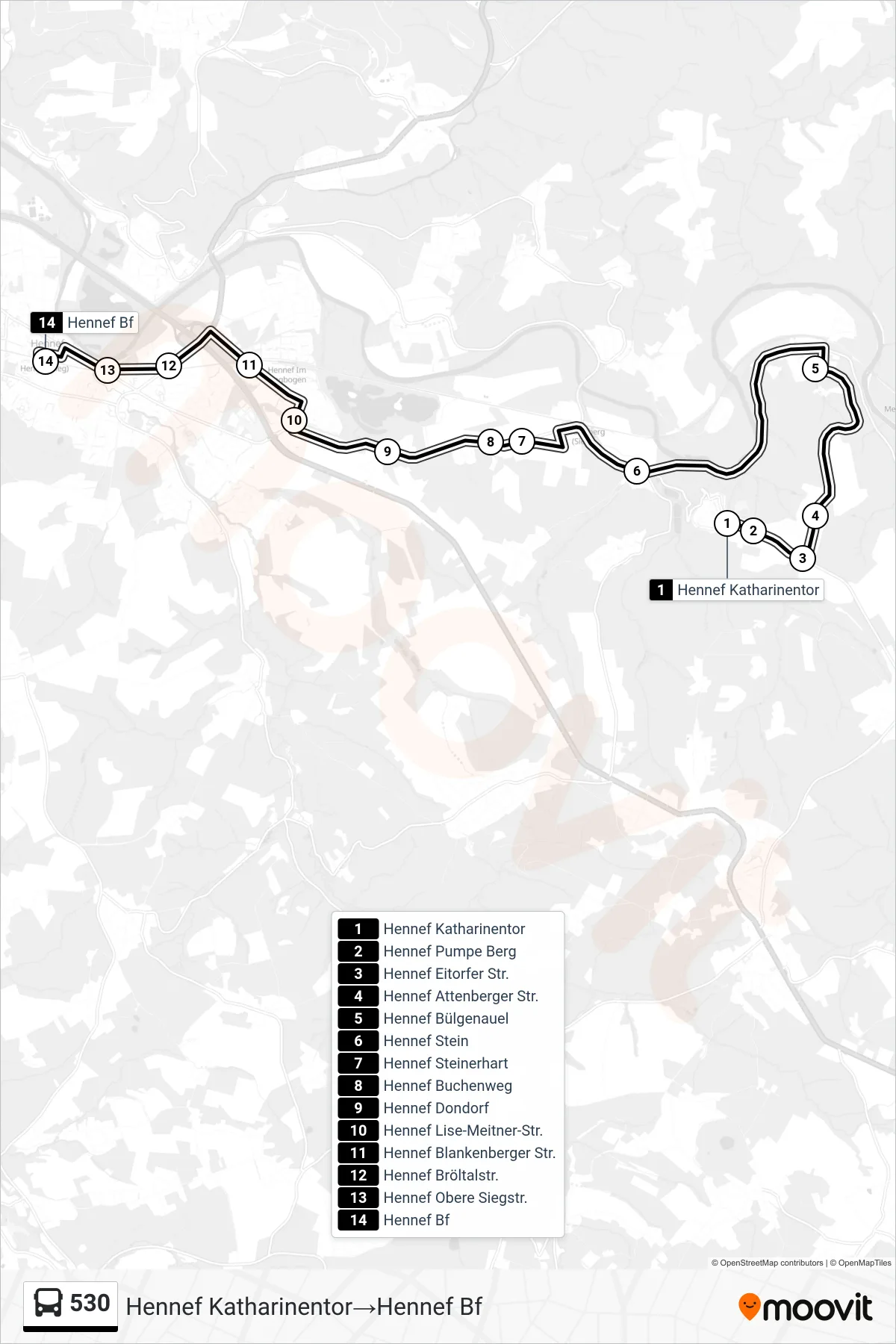 Linie 530 (Bus) Richtung Hennef Katharinentor→Hennef Bf: Route und Haltestellen auf der Karte