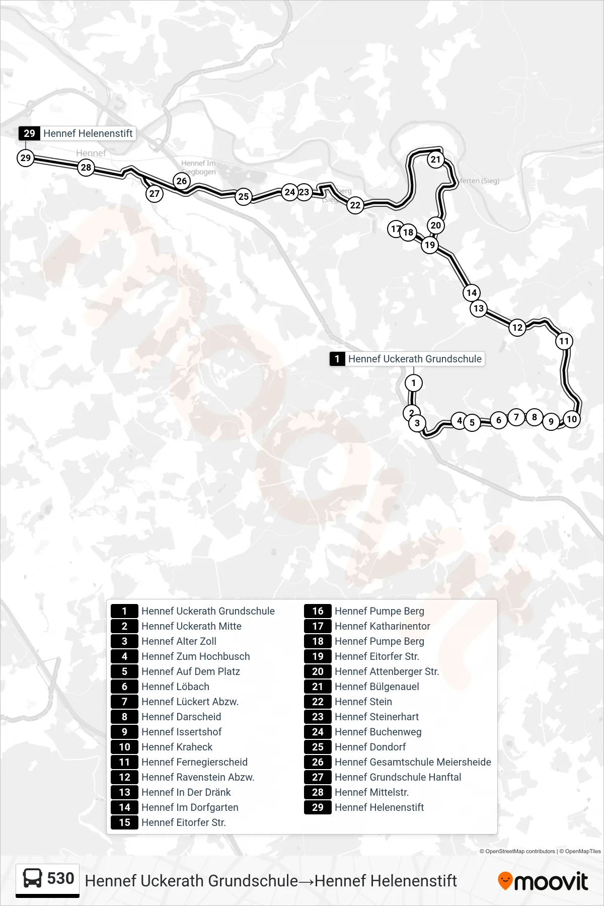 Linie 530 (Bus) Richtung Hennef Uckerath Grundschule→Hennef Helenenstift: Route und Haltestellen auf der Karte