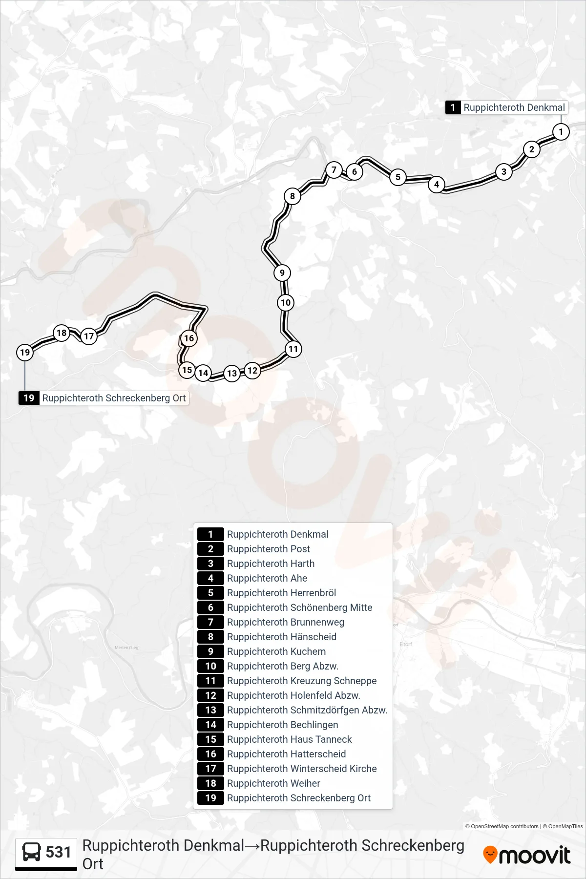 Linie 531 (Bus) Richtung Ruppichteroth Denkmal→Ruppichteroth Schreckenberg Ort: Route und Haltestellen auf der Karte