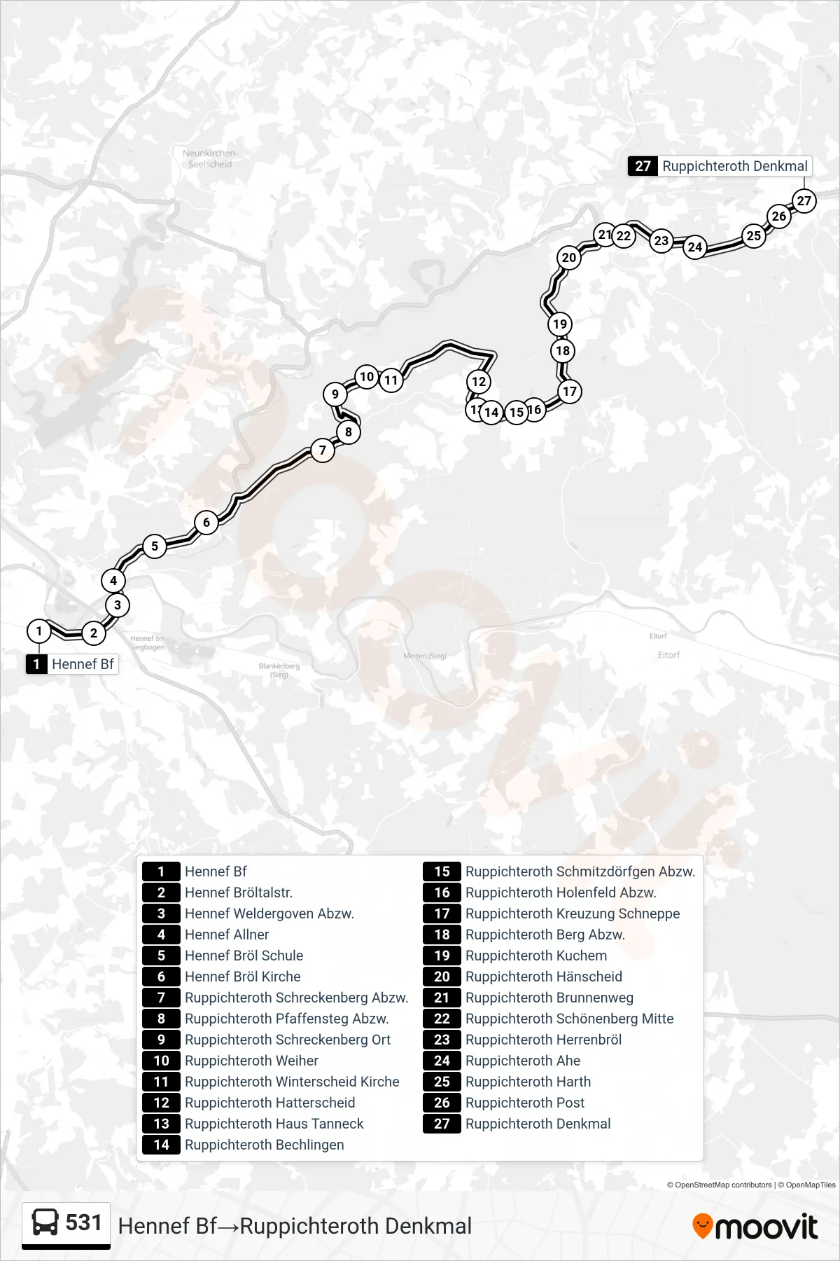 Linie 531 (Bus) Richtung Hennef Bf→Ruppichteroth Denkmal: Route und Haltestellen auf der Karte