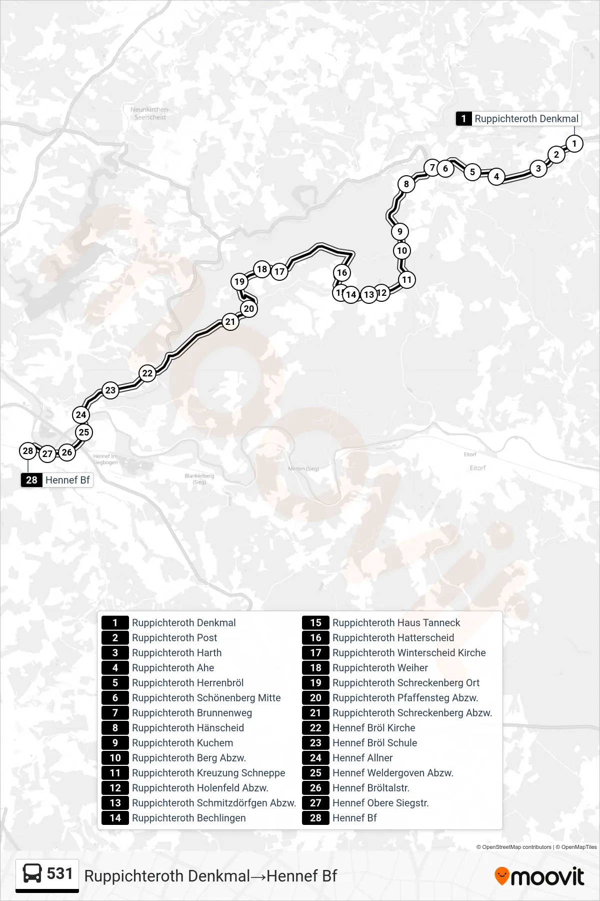 Linie 531 (Bus) Richtung Ruppichteroth Denkmal→Hennef Bf: Route und Haltestellen auf der Karte