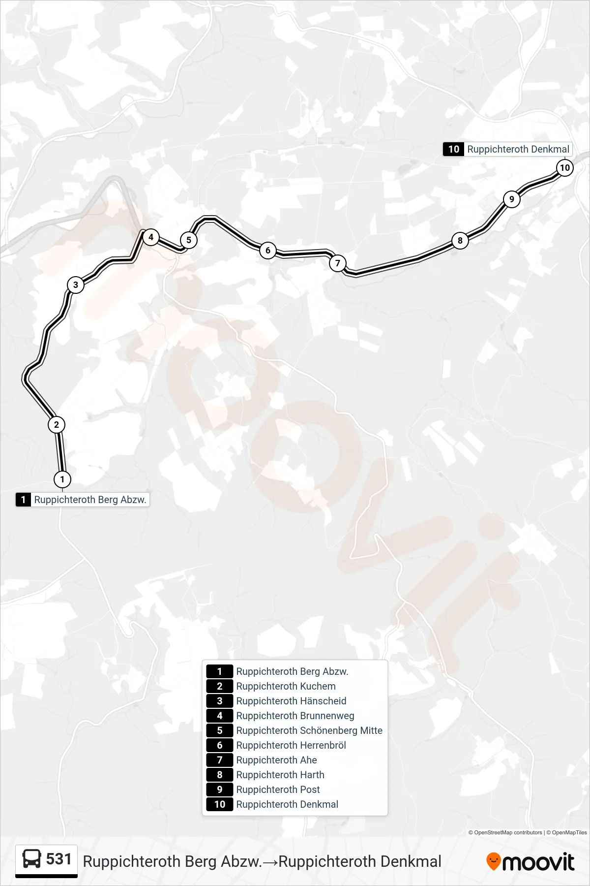 Linie 531 (Bus) Richtung Ruppichteroth Berg Abzw.→Ruppichteroth Denkmal: Route und Haltestellen auf der Karte