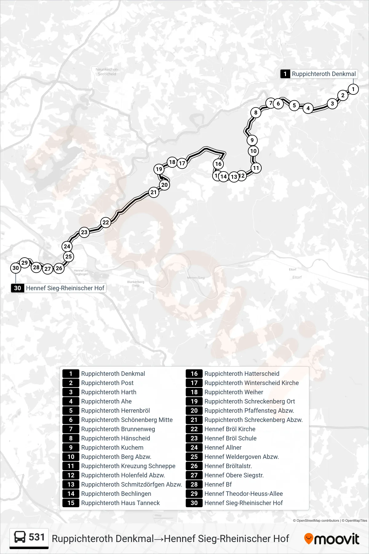 Linie 531 (Bus) Richtung Ruppichteroth Denkmal→Hennef Sieg-Rheinischer Hof: Route und Haltestellen auf der Karte