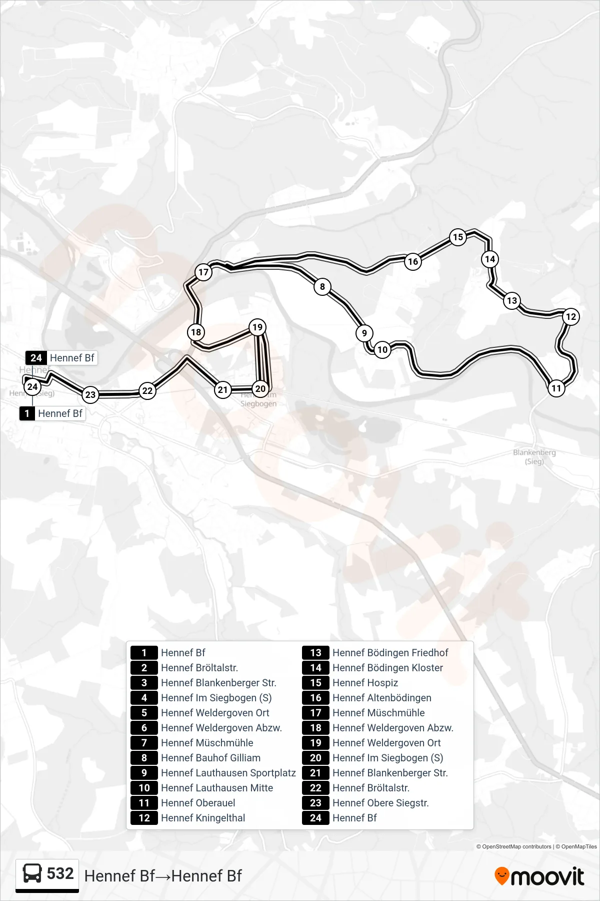 Linie 532 (Bus) Richtung Hennef Bf→Hennef Bf: Route und Haltestellen auf der Karte