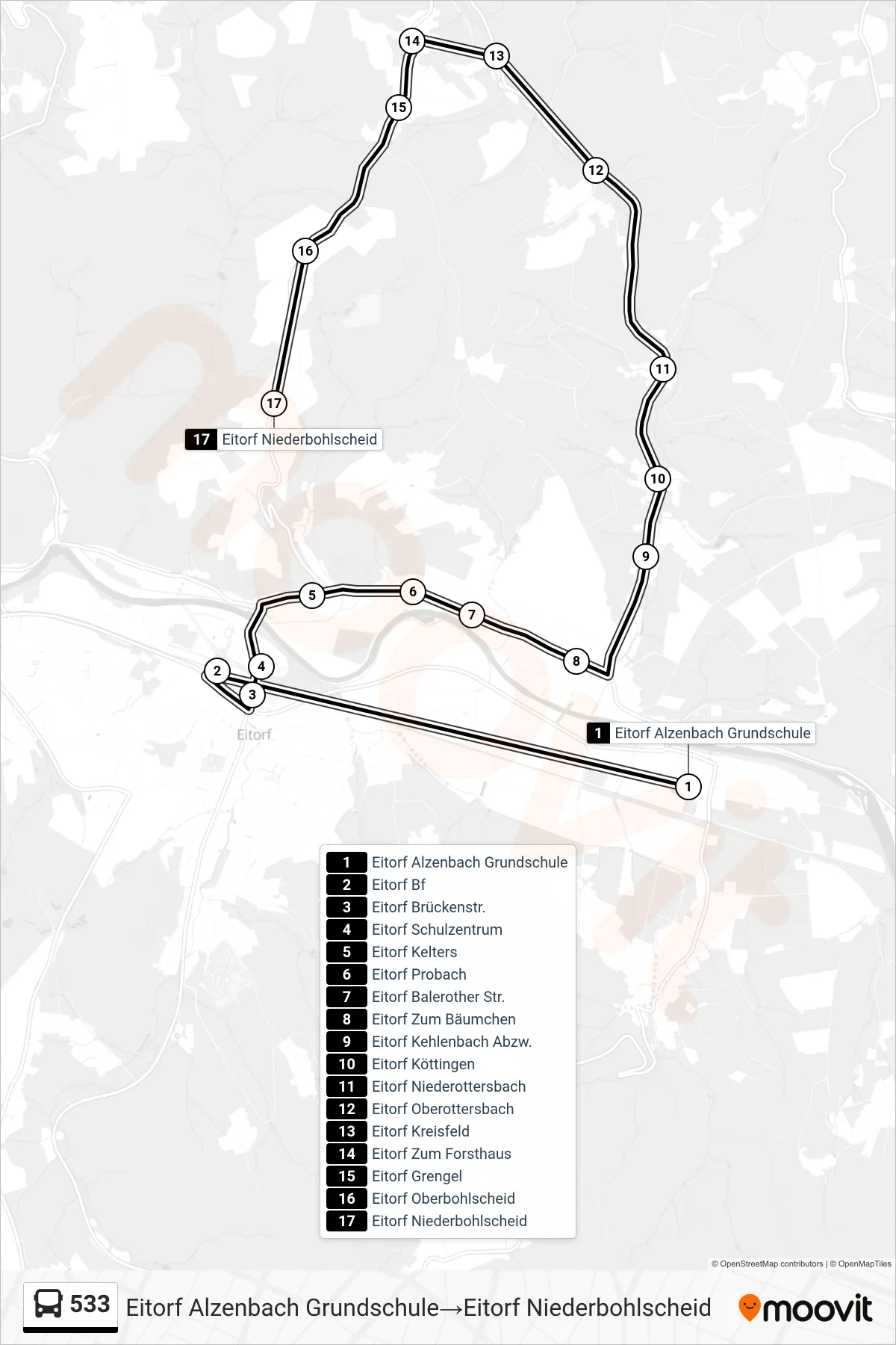 Linie 533 (Bus) Richtung Eitorf Alzenbach Grundschule→Eitorf Niederbohlscheid: Route und Haltestellen auf der Karte