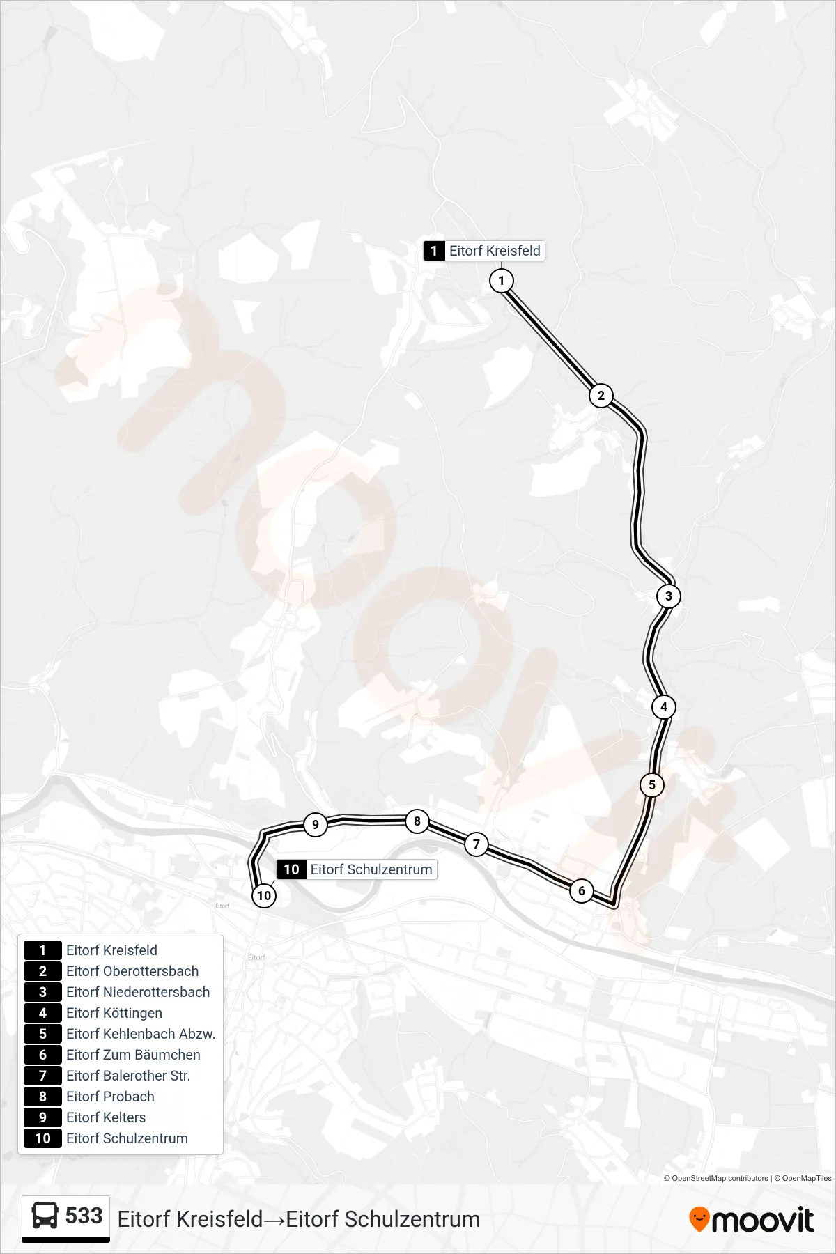 Linie 533 (Bus) Richtung Eitorf Kreisfeld→Eitorf Schulzentrum: Route und Haltestellen auf der Karte