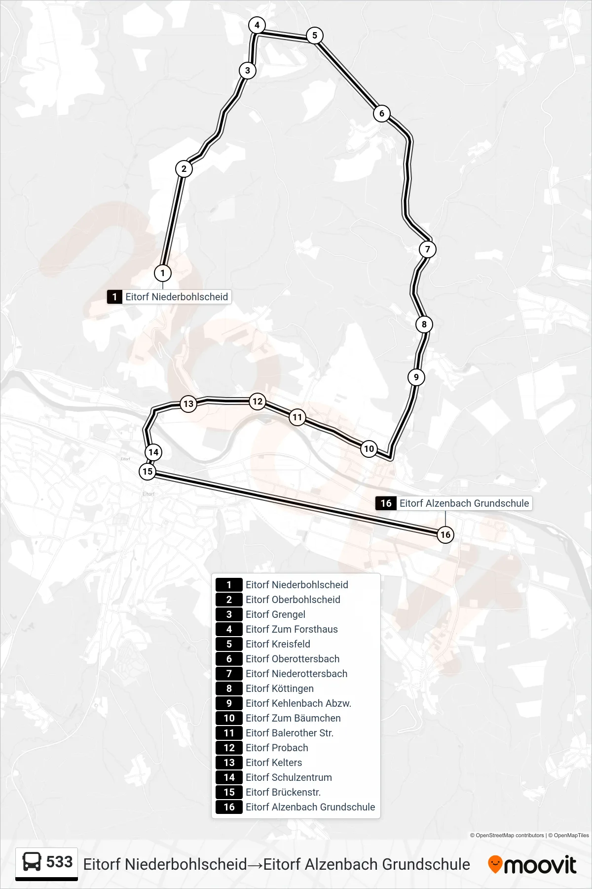 Linie 533 (Bus) Richtung Eitorf Niederbohlscheid→Eitorf Alzenbach Grundschule: Route und Haltestellen auf der Karte