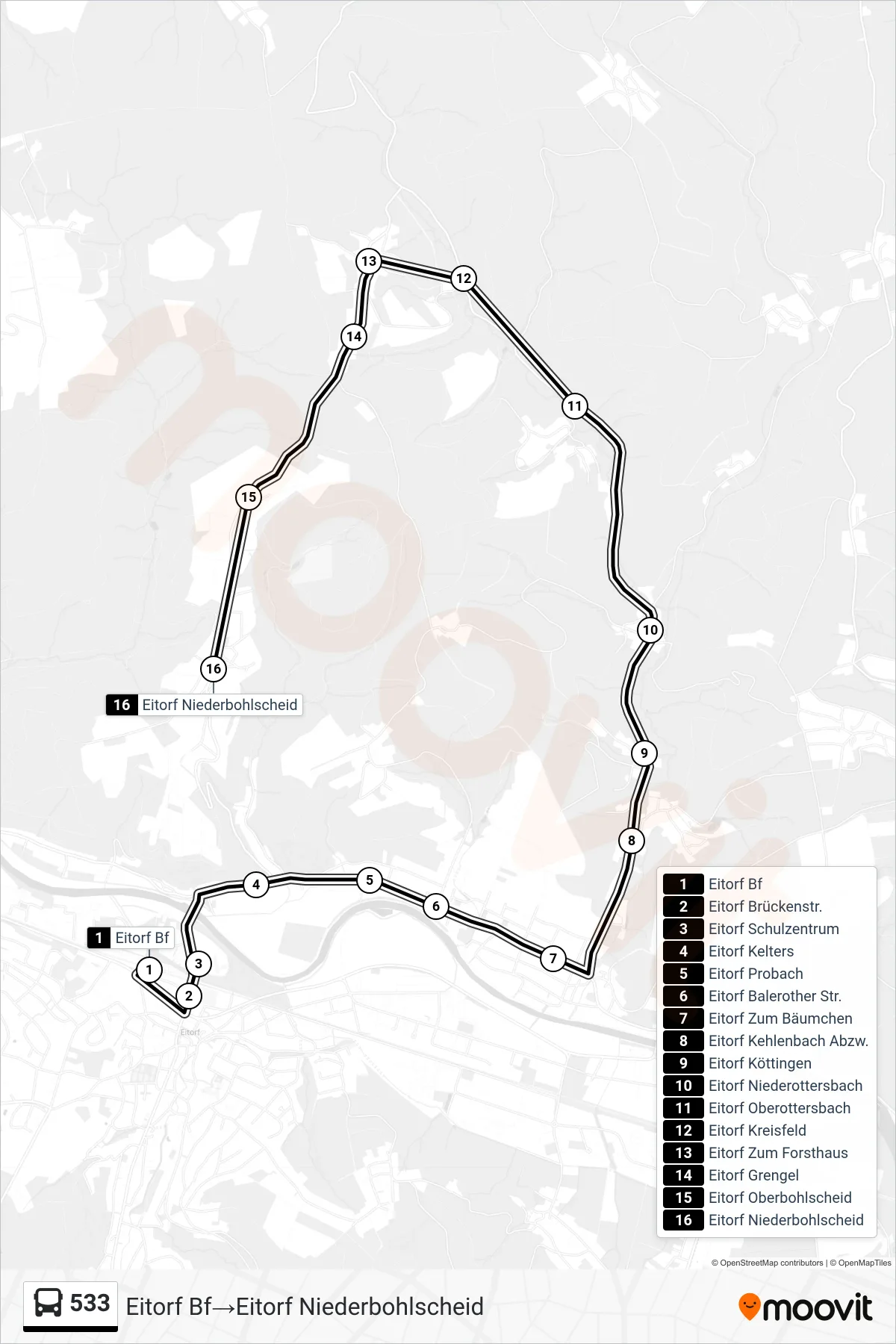 Linie 533 (Bus) Richtung Eitorf Bf→Eitorf Niederbohlscheid: Route und Haltestellen auf der Karte