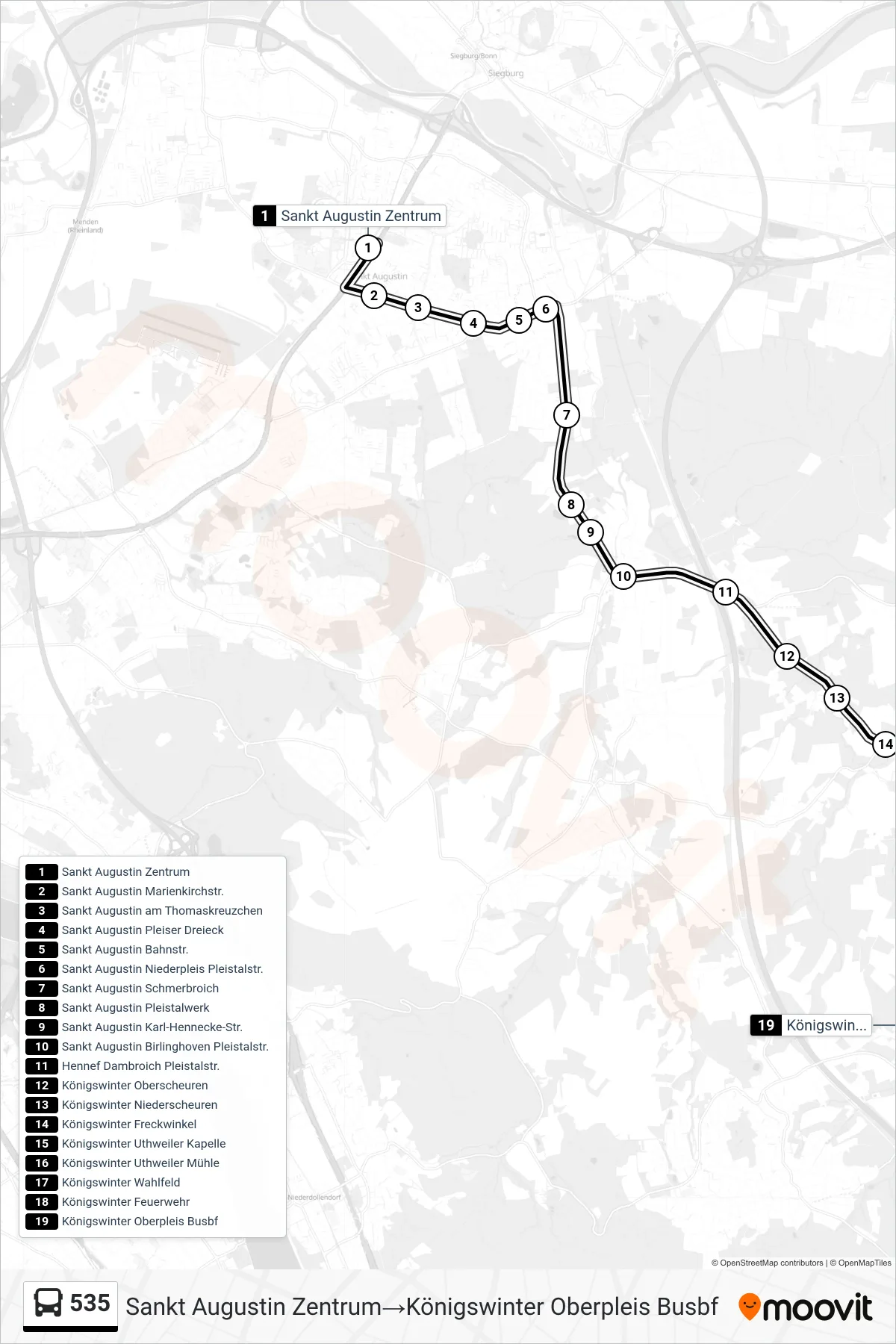 Linie 535 (Bus) Richtung Sankt Augustin Zentrum→Königswinter Oberpleis Busbf: Route und Haltestellen auf der Karte