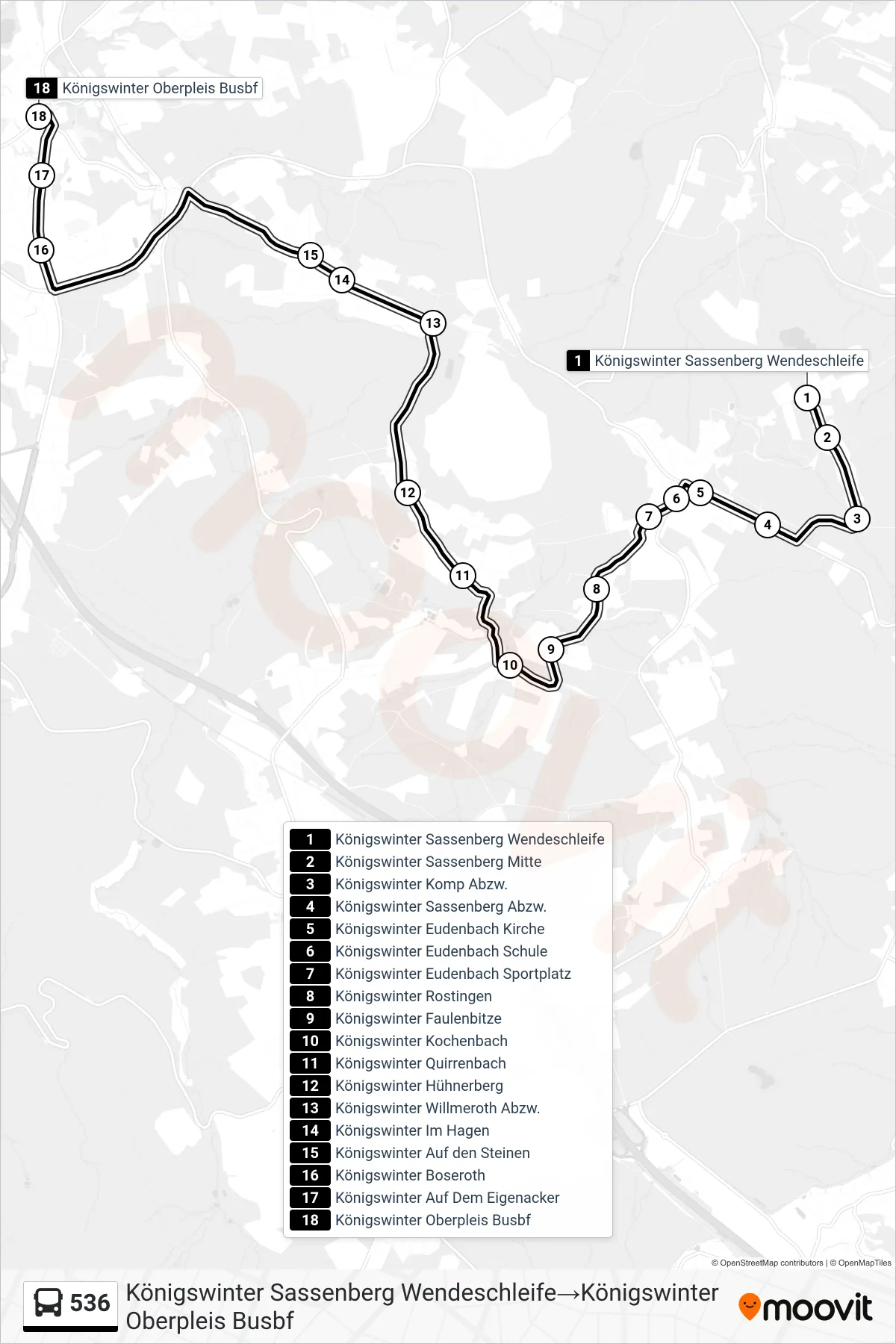 Linie 536 (Bus) Richtung Königswinter Sassenberg Wendeschleife→Königswinter Oberpleis Busbf: Route und Haltestellen auf der Karte