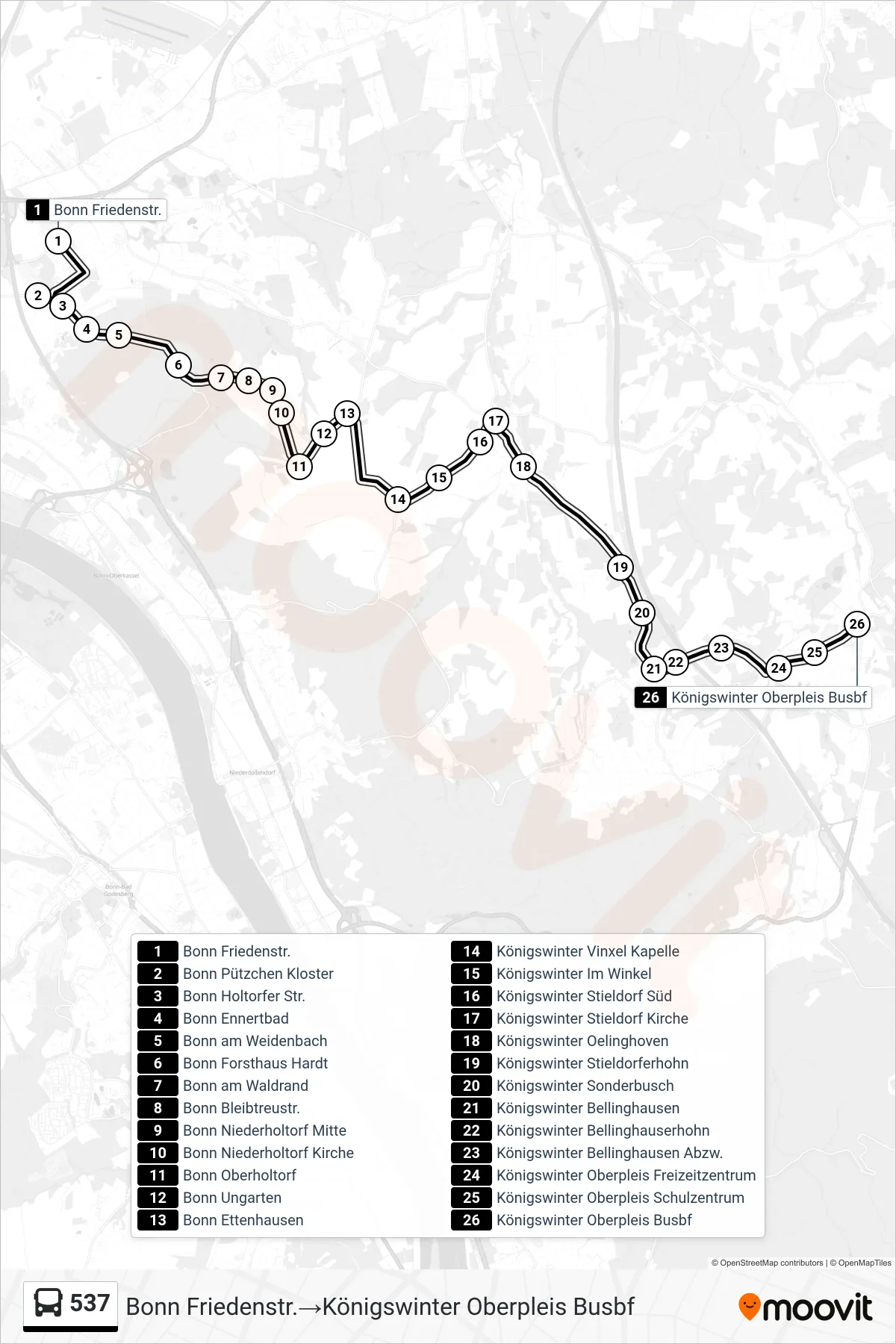 537 bus Line (Bonn Friedenstr.‎→Königswinter Oberpleis Busbf) route and stops on a map