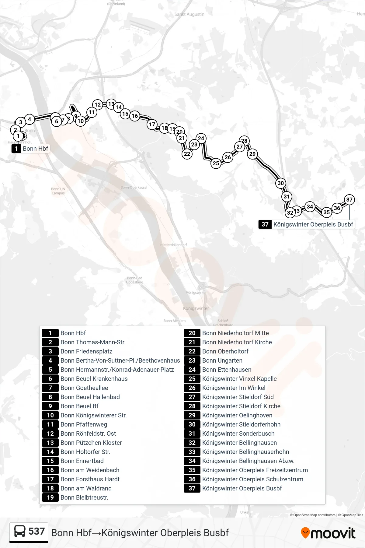 Linie 537 (Bus) Richtung Bonn Hbf→Königswinter Oberpleis Busbf: Route und Haltestellen auf der Karte