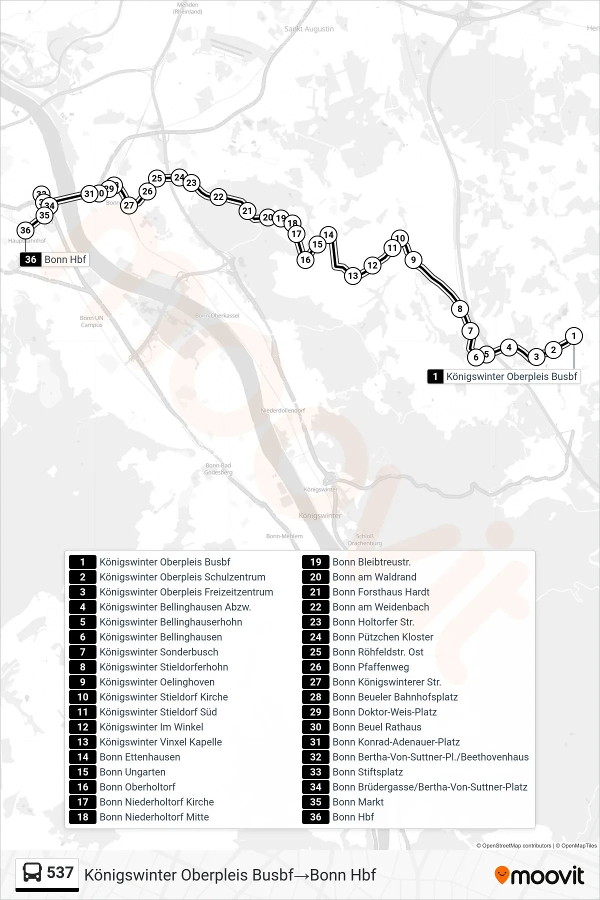 Linie 537 (Bus) Richtung Königswinter Oberpleis Busbf→Bonn Hbf: Route und Haltestellen auf der Karte