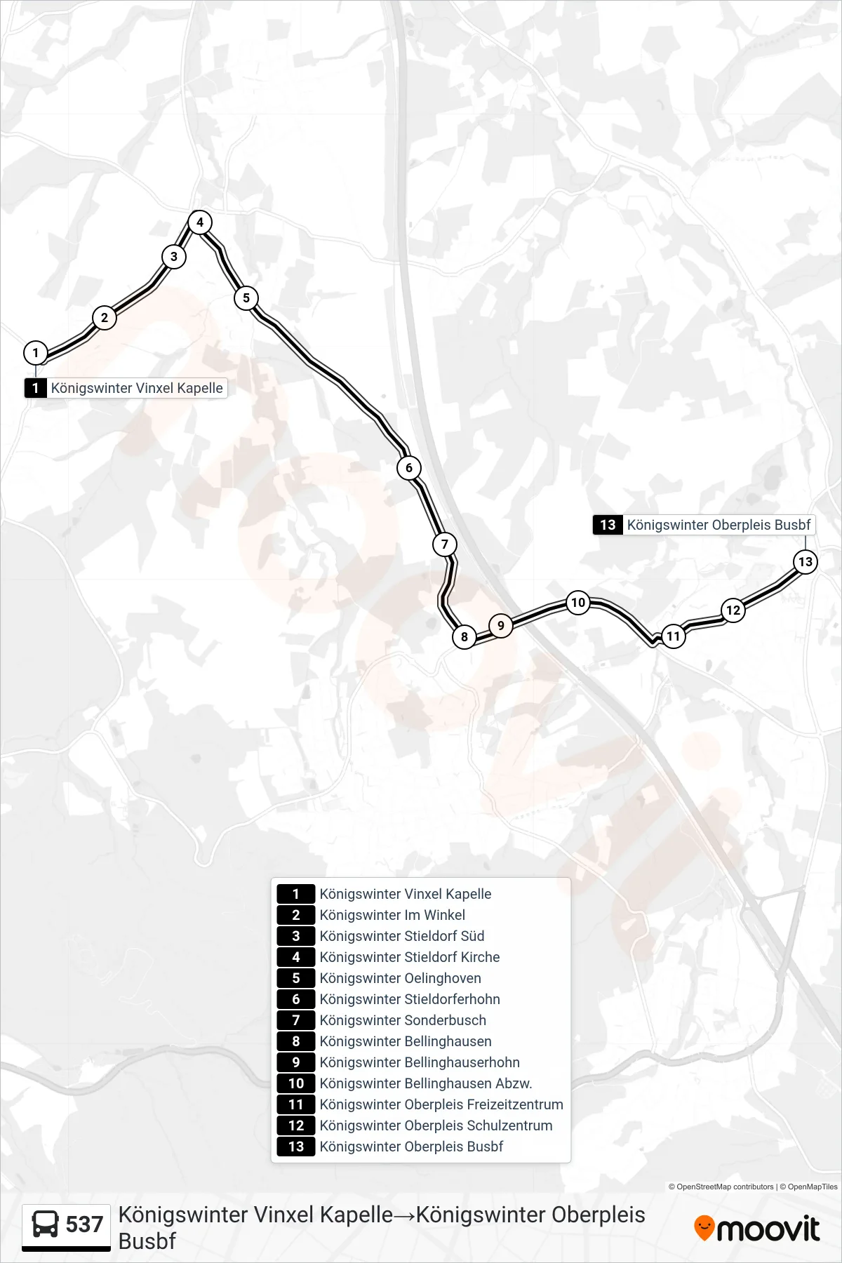 Linie 537 (Bus) Richtung Königswinter Vinxel Kapelle→Königswinter Oberpleis Busbf: Route und Haltestellen auf der Karte