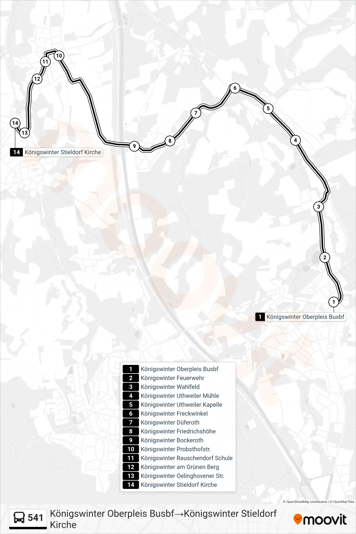 Linie 541 (Bus) Richtung Königswinter Oberpleis Busbf→Königswinter Stieldorf Kirche: Route und Haltestellen auf der Karte
