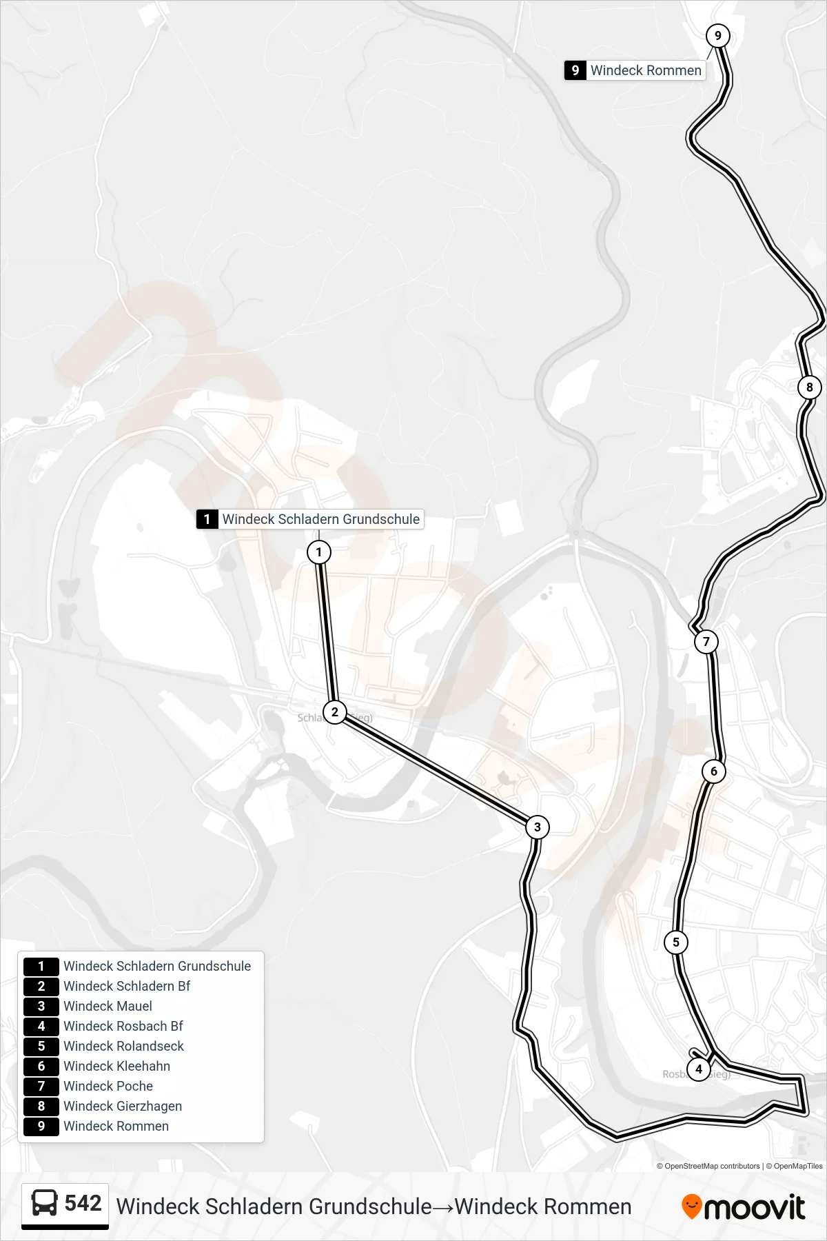 542 bus Line (Windeck Schladern Grundschule‎→Windeck Rommen) route and stops on a map