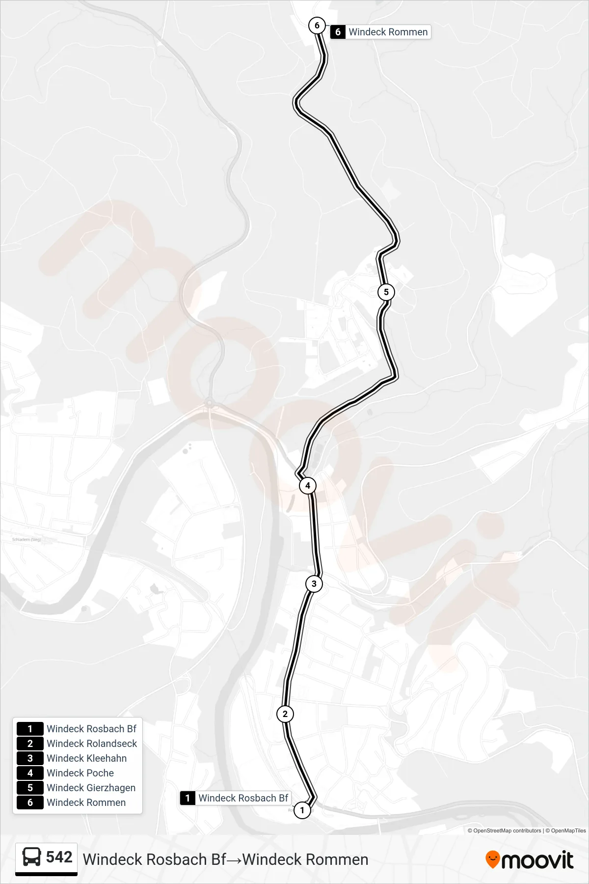 542 bus Line (Windeck Rosbach Bf‎→Windeck Rommen) route and stops on a map