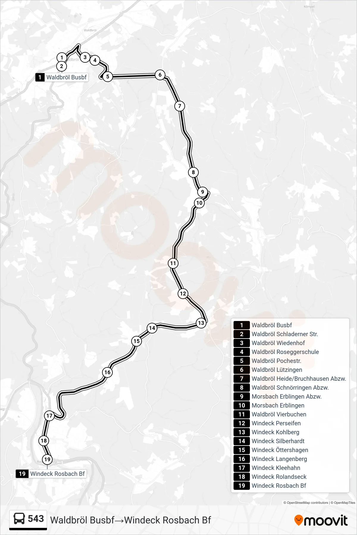 Linie 543 (Bus) Richtung Waldbröl Busbf→Windeck Rosbach Bf: Route und Haltestellen auf der Karte