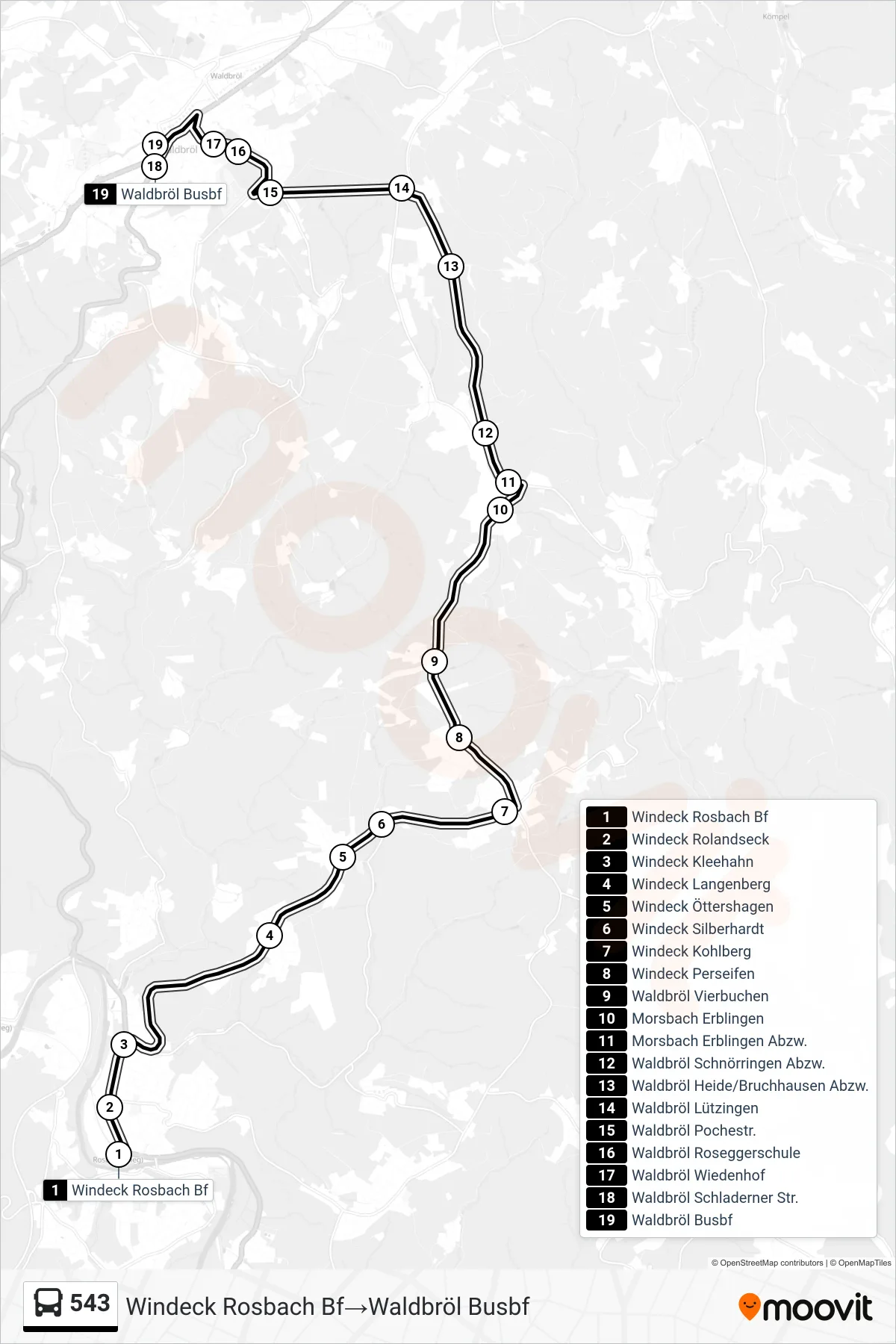 Linie 543 (Bus) Richtung Windeck Rosbach Bf→Waldbröl Busbf: Route und Haltestellen auf der Karte