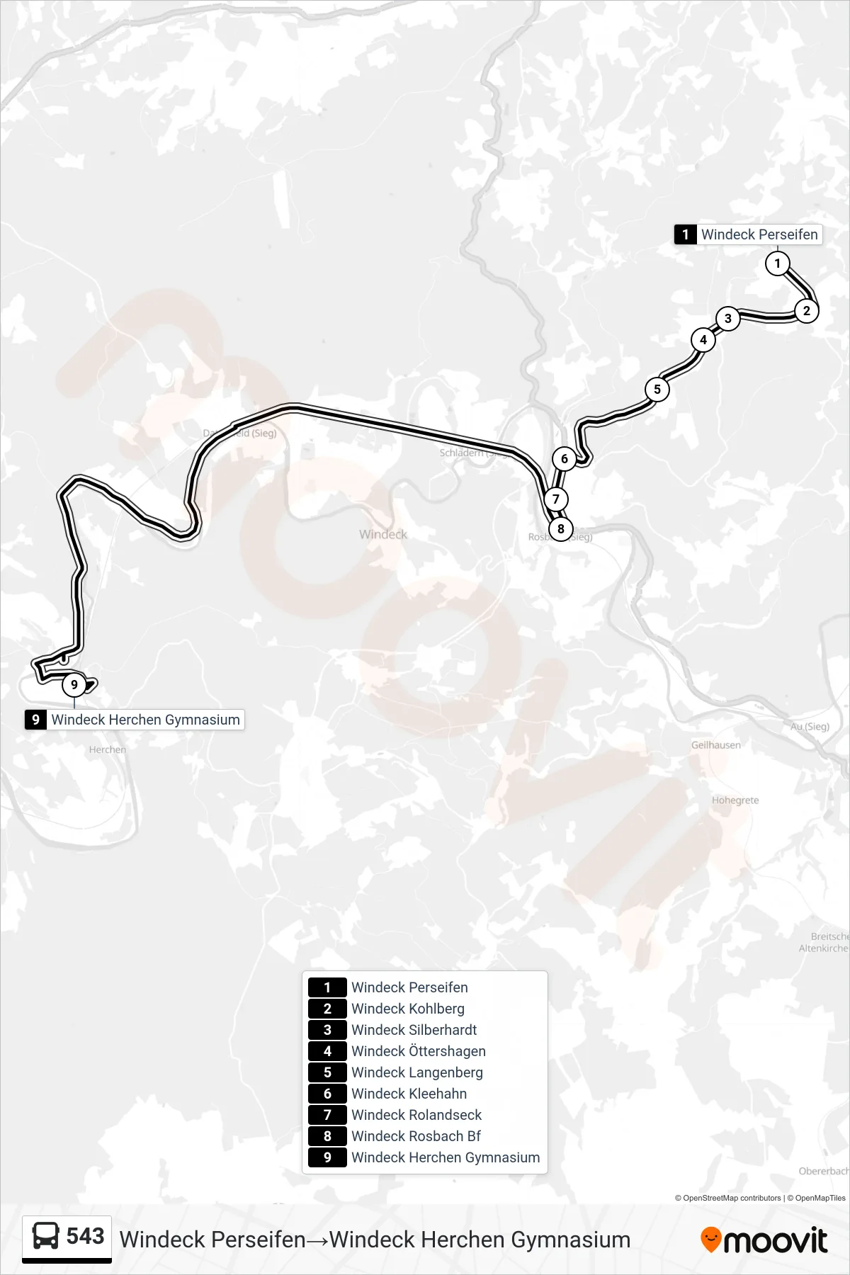 Linie 543 (Bus) Richtung Windeck Perseifen→Windeck Herchen Gymnasium: Route und Haltestellen auf der Karte