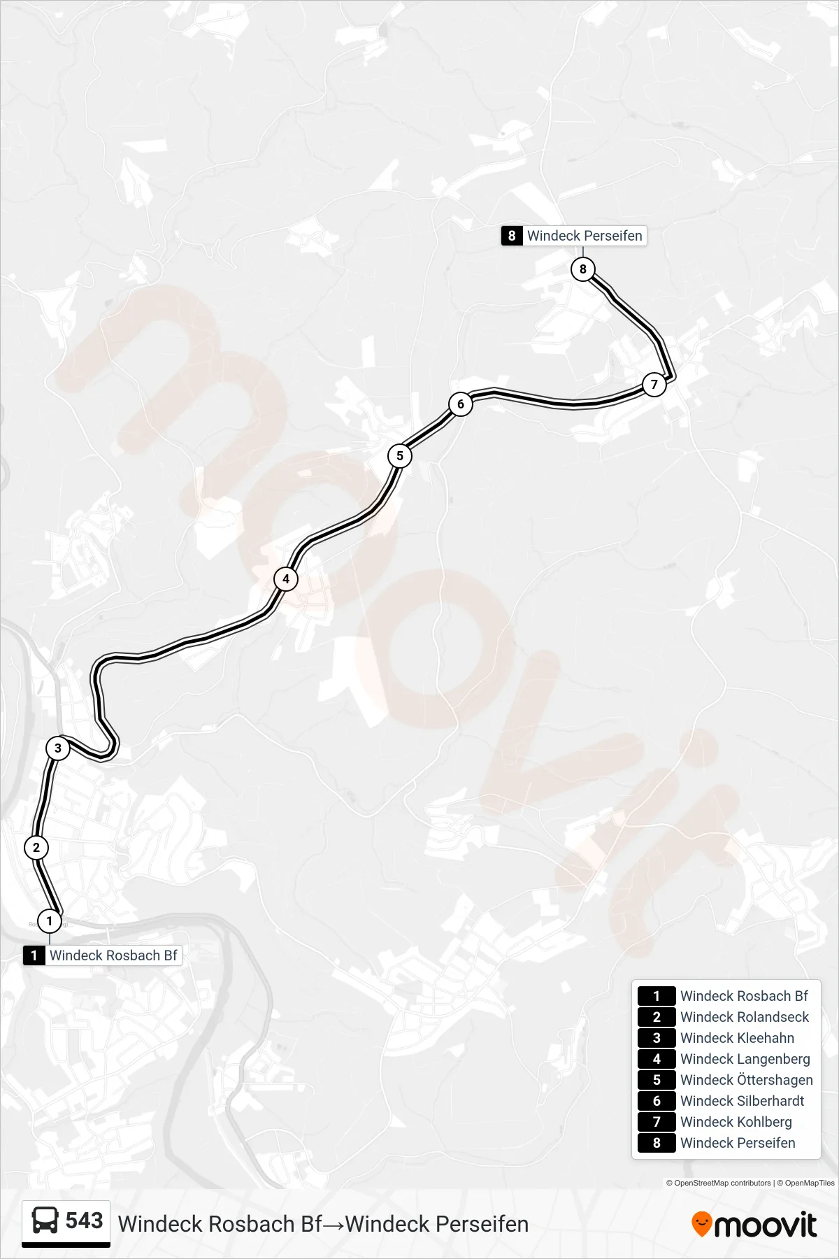 Linie 543 (Bus) Richtung Windeck Rosbach Bf→Windeck Perseifen: Route und Haltestellen auf der Karte