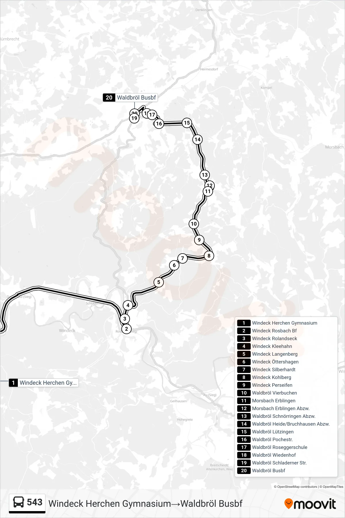 543 bus Line (Windeck Herchen Gymnasium‎→Waldbröl Busbf) route and stops on a map