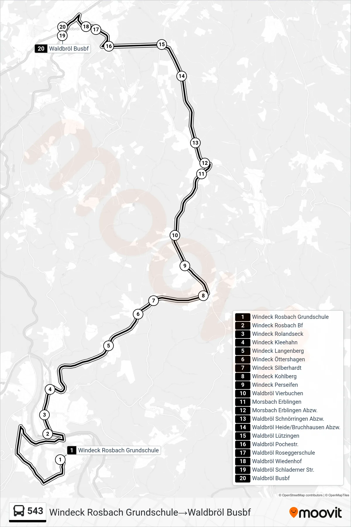 543 bus Line (Windeck Rosbach Grundschule‎→Waldbröl Busbf) route and stops on a map