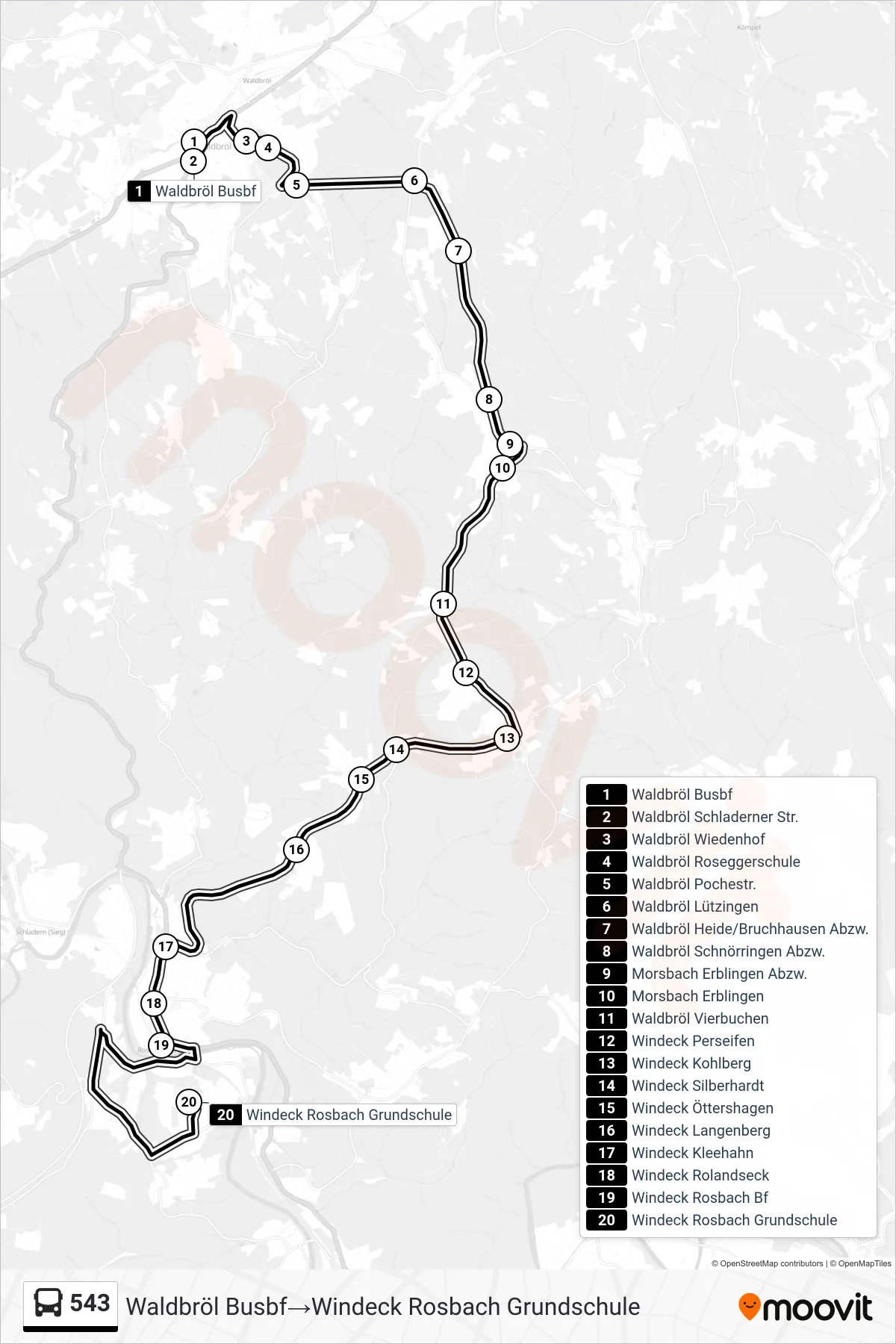 543 bus Line (Waldbröl Busbf‎→Windeck Rosbach Grundschule) route and stops on a map