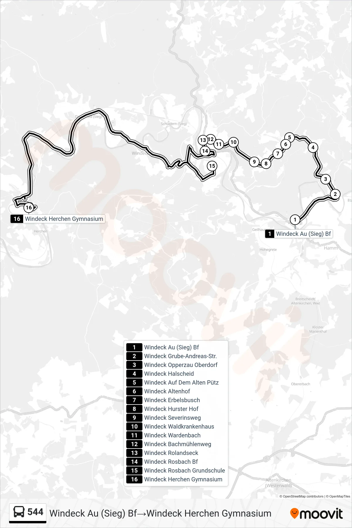 Linie 544 (Bus) Richtung Windeck Au (Sieg) Bf→Windeck Herchen Gymnasium: Route und Haltestellen auf der Karte