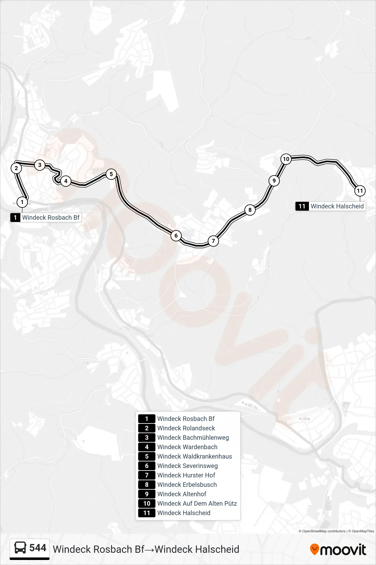 Linie 544 (Bus) Richtung Windeck Rosbach Bf→Windeck Halscheid: Route und Haltestellen auf der Karte