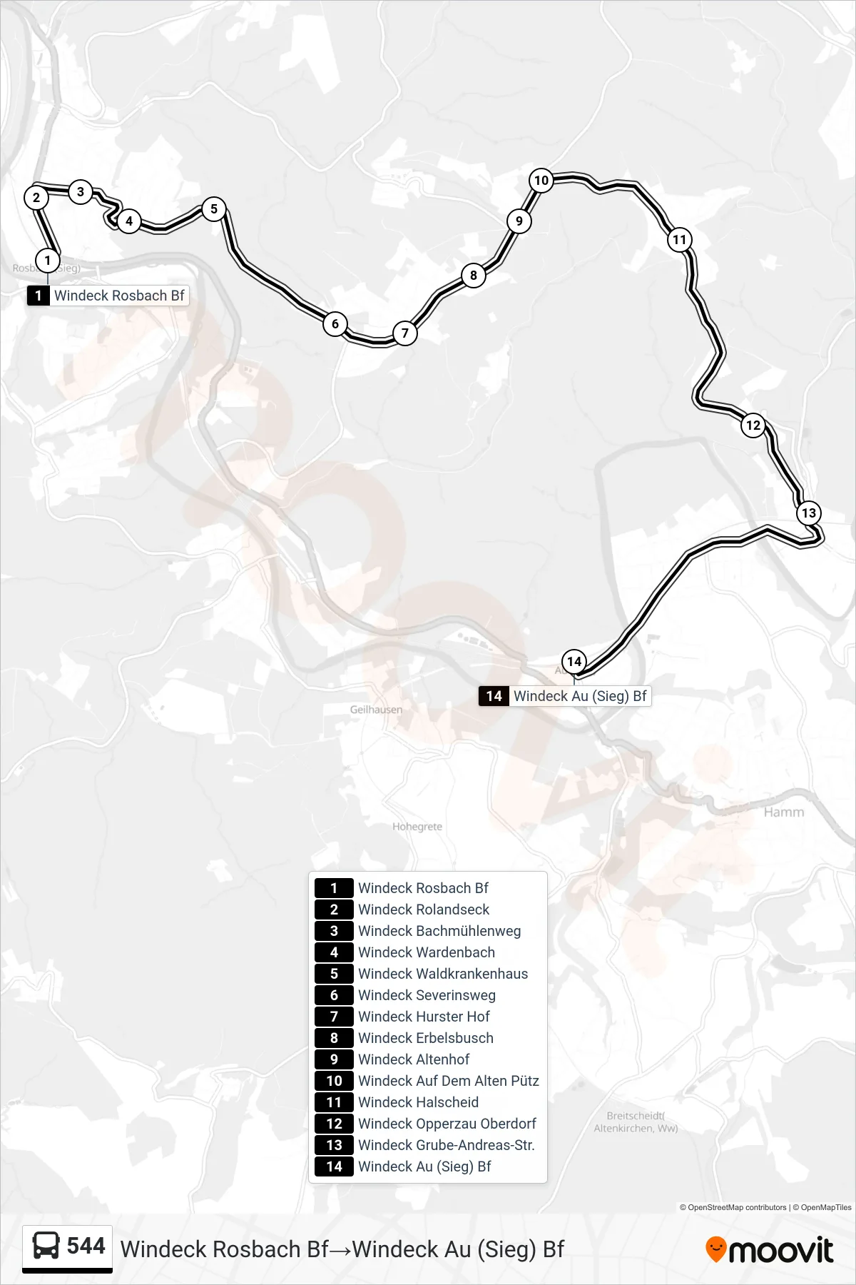 Linie 544 (Bus) Richtung Windeck Rosbach Bf→Windeck Au (Sieg) Bf: Route und Haltestellen auf der Karte
