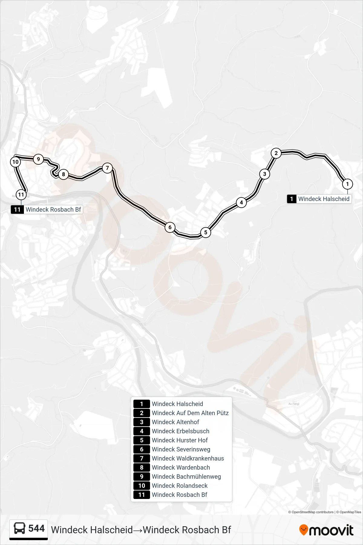Linie 544 (Bus) Richtung Windeck Halscheid→Windeck Rosbach Bf: Route und Haltestellen auf der Karte