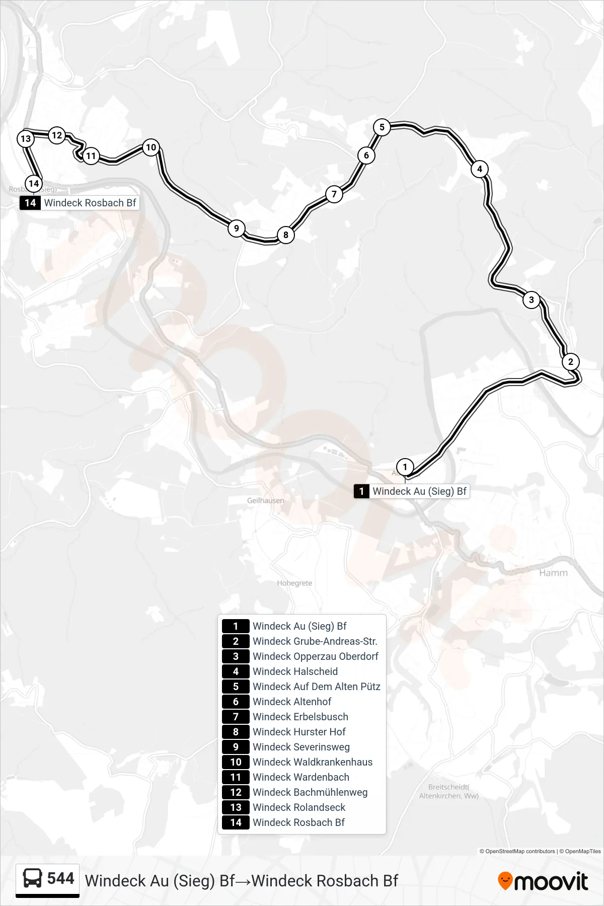 Linie 544 (Bus) Richtung Windeck Au (Sieg) Bf→Windeck Rosbach Bf: Route und Haltestellen auf der Karte