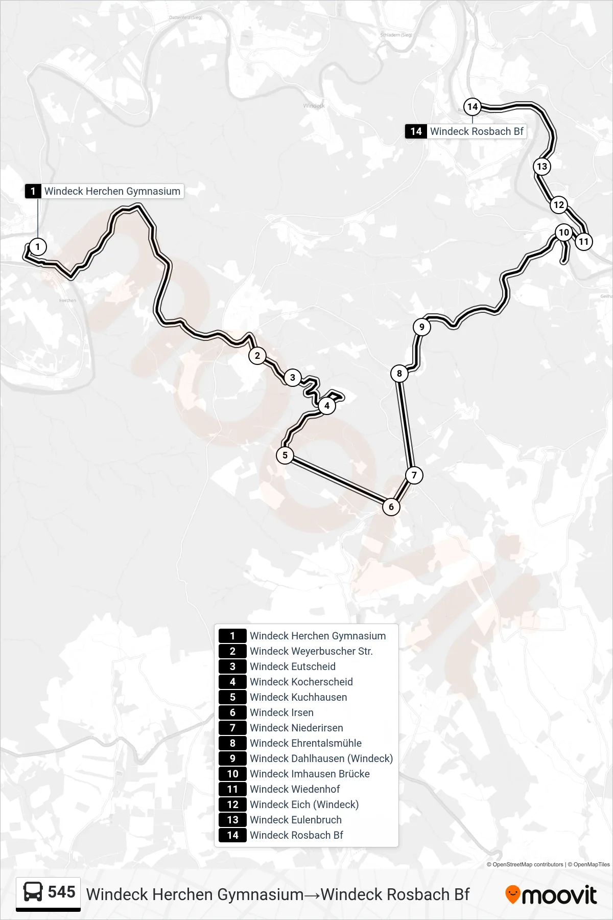 Linie 545 (Bus) Richtung Windeck Herchen Gymnasium→Windeck Rosbach Bf: Route und Haltestellen auf der Karte