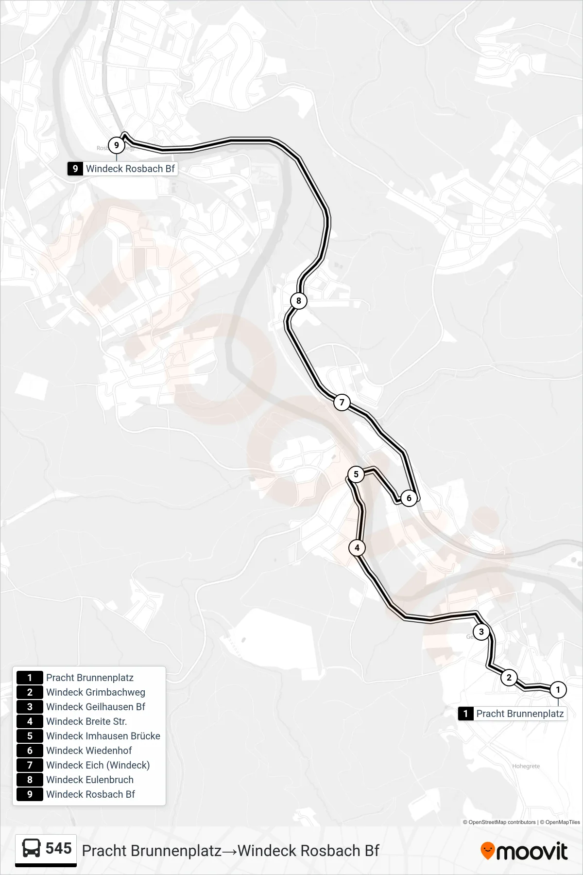 545 bus Line (Pracht Brunnenplatz→Windeck Rosbach Bf) route and stops on a map