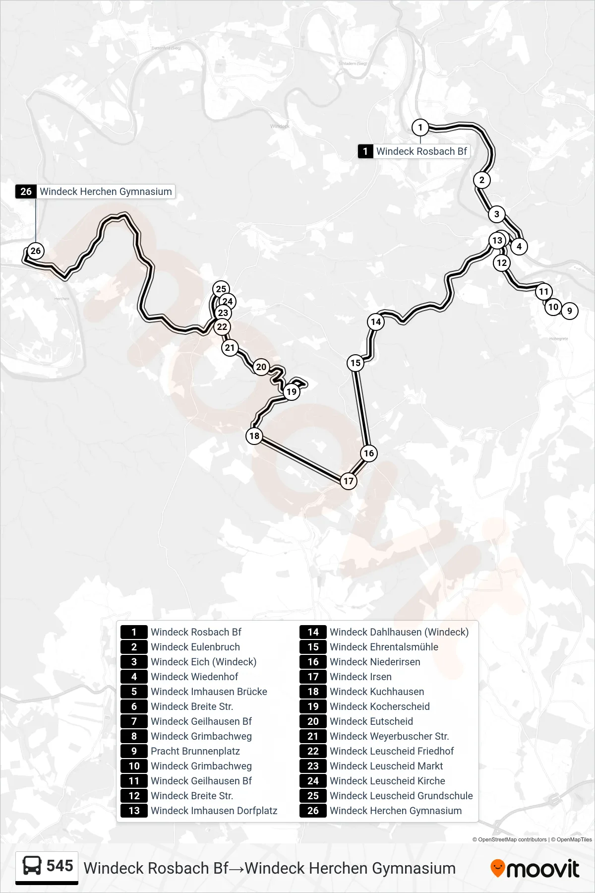 Linie 545 (Bus) Richtung Windeck Rosbach Bf→Windeck Herchen Gymnasium: Route und Haltestellen auf der Karte