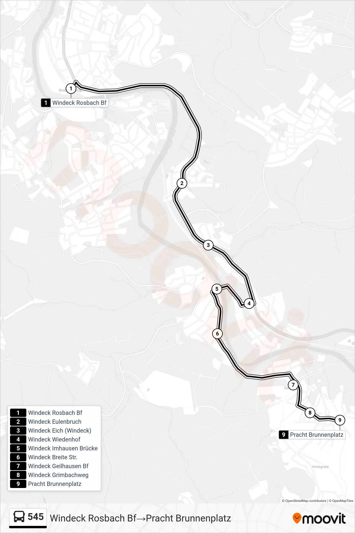 Linie 545 (Bus) Richtung Windeck Rosbach Bf→Pracht Brunnenplatz: Route und Haltestellen auf der Karte