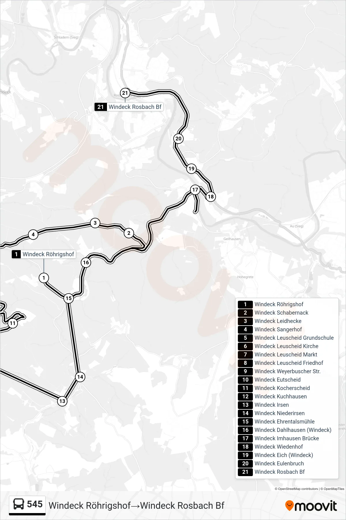 Linie 545 (Bus) Richtung Windeck Röhrigshof→Windeck Rosbach Bf: Route und Haltestellen auf der Karte
