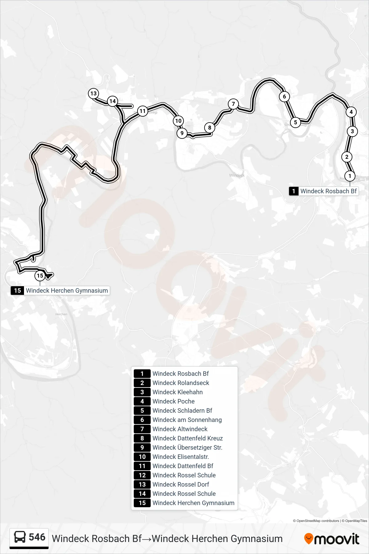 Linie 546 (Bus) Richtung Windeck Rosbach Bf→Windeck Herchen Gymnasium: Route und Haltestellen auf der Karte
